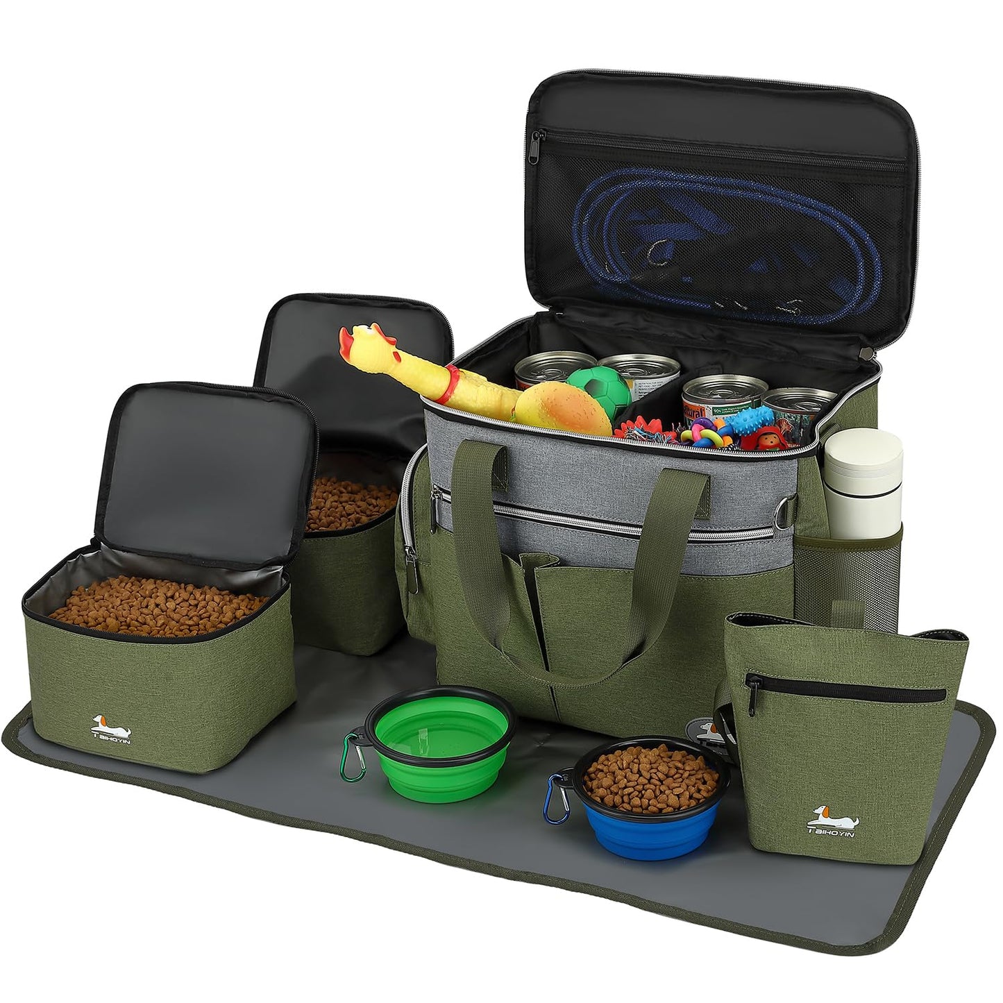 Taihoyin Dog Travel Bag for Pet Kit for Supplies with 2 Food Storage Containers 2 Collapsible Bowl 1 Feeding Mat 1 Dog Treat Pouch 7-Piece Set Perfect Road Trips Camping Weekend Doggy Gift Olive Green