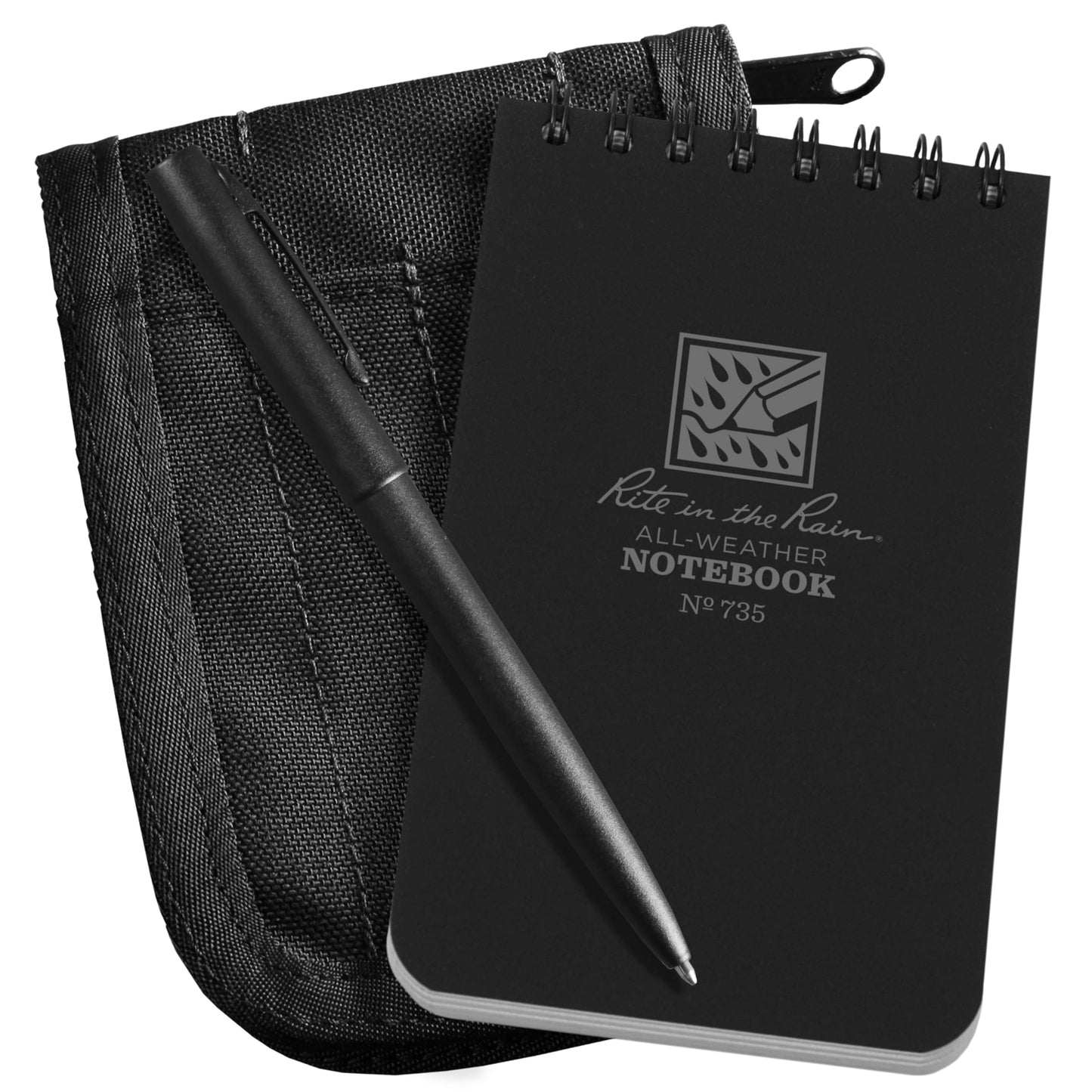 Rite in the Rain Weatherproof 3" x 5" Top Spiral Notebook Kit: Black CORDURA Fabric Cover, 3" x 5" Black Notebook, and Weatherproof Pen (No. 735B-KITL)