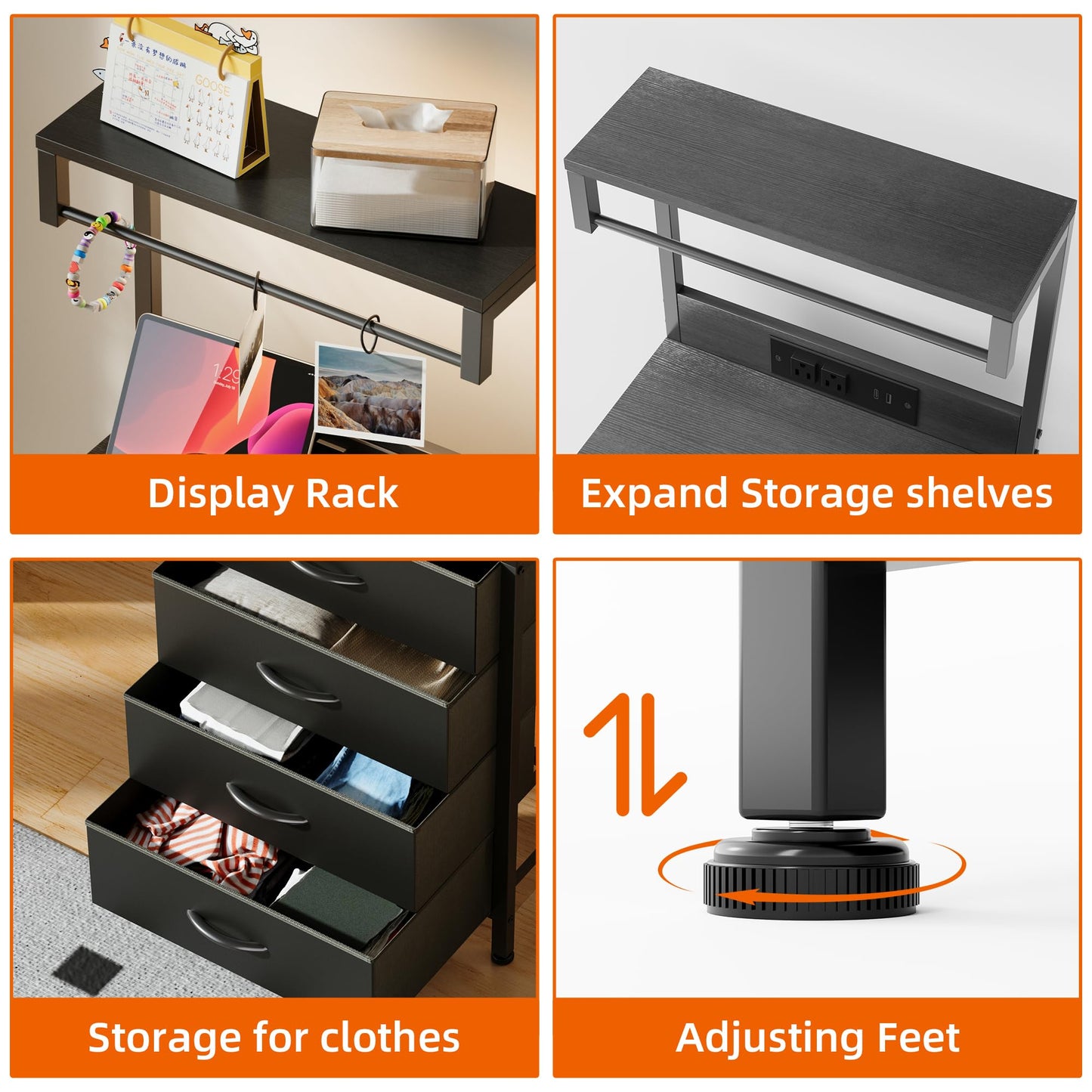 SJAVX Night Stand with Charging Station, End Table with LED Light, Small Bedside Table with Wood Shelf, 4 Fabric Drawers Side Table for Bedroom, Black