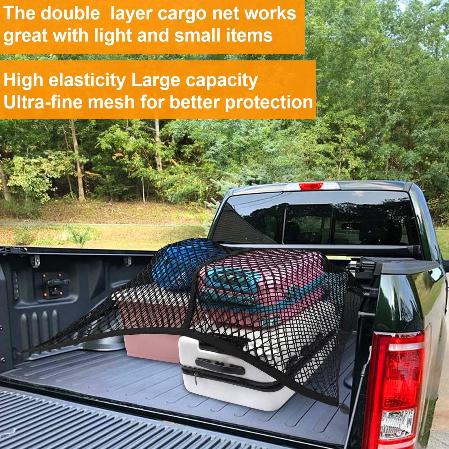 Cargo Net for Pickup Truck Bed, Double-Layer Elastic Cargo Net Stretchable Mesh Organizer for Pickup, Suitable for Daily Light Loads of Trucks, Up to 2X Elastic from 4x4 FT Stretches to 7x7 FT