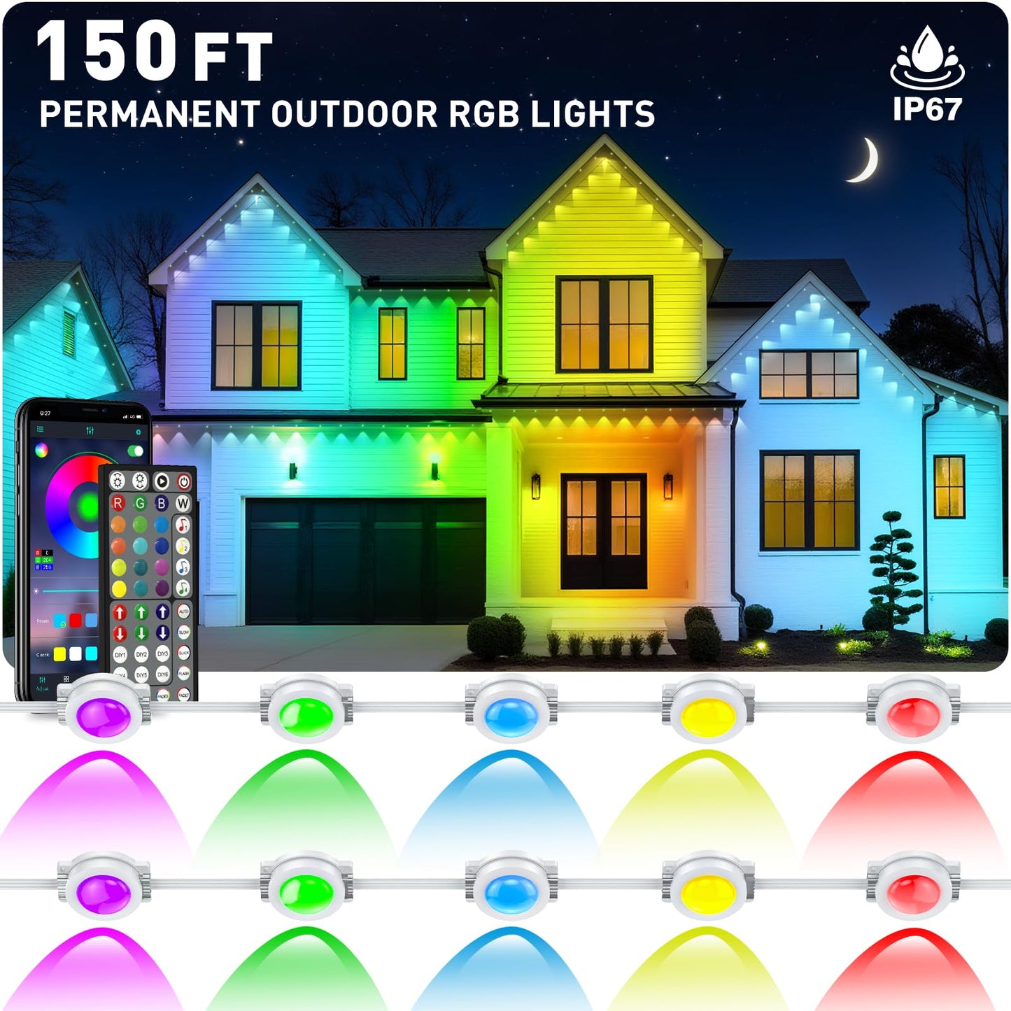 CETELUMA 150FT Permanent Outdoor RGB Lights - IP67 Waterproof with Smart App Control Remote,Music Synchronization,Eaves Lights for Garden Decor,Christmas