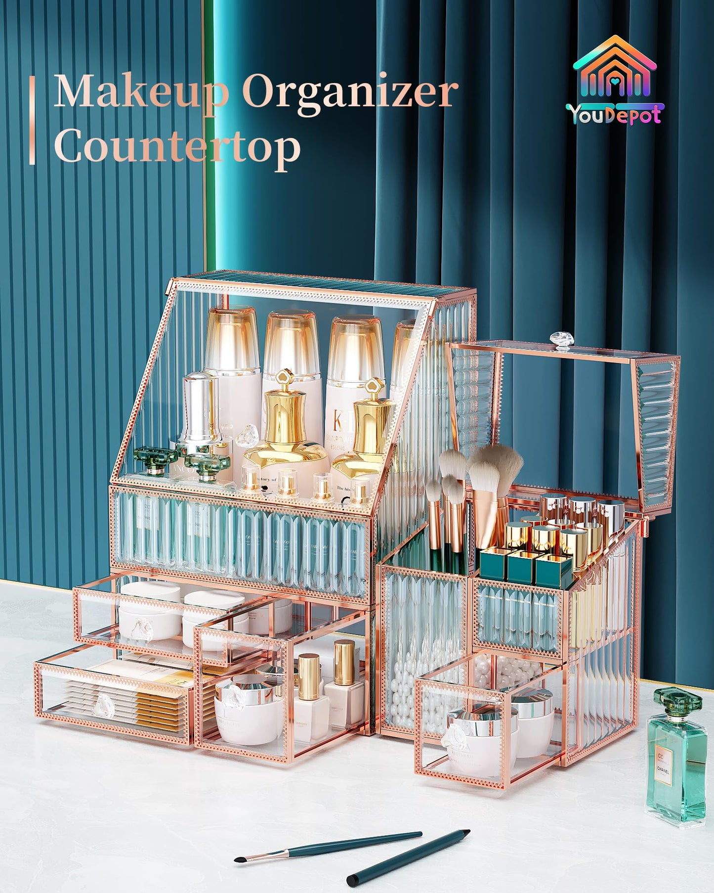 Youdepot Tempered Glass Makeup Organizer Countertop - Multi-Functional 3-in-1 Cosmetic Organizer for Skincare, Lipstick, Brushes - Vanity Organizer & Bathroom Organizer and Skincare Organizer.