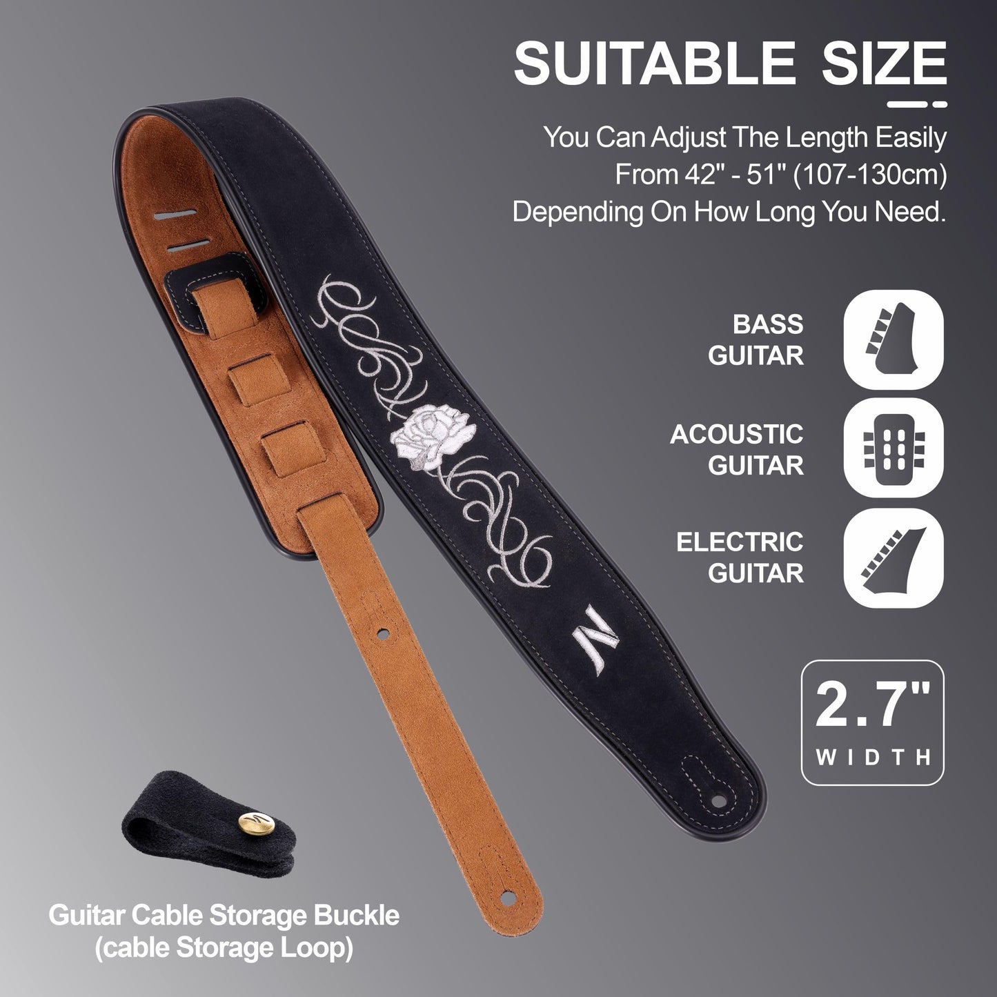 Nefelibata Guitar Strap with Vintage Rose Embroidery, 2.7" Wide Double Layer Bavarian Tumbled Cowhide Guitar Strap with Foam Padding for Kids, Male and Female Acoustic, Bass and Electric Guitars
