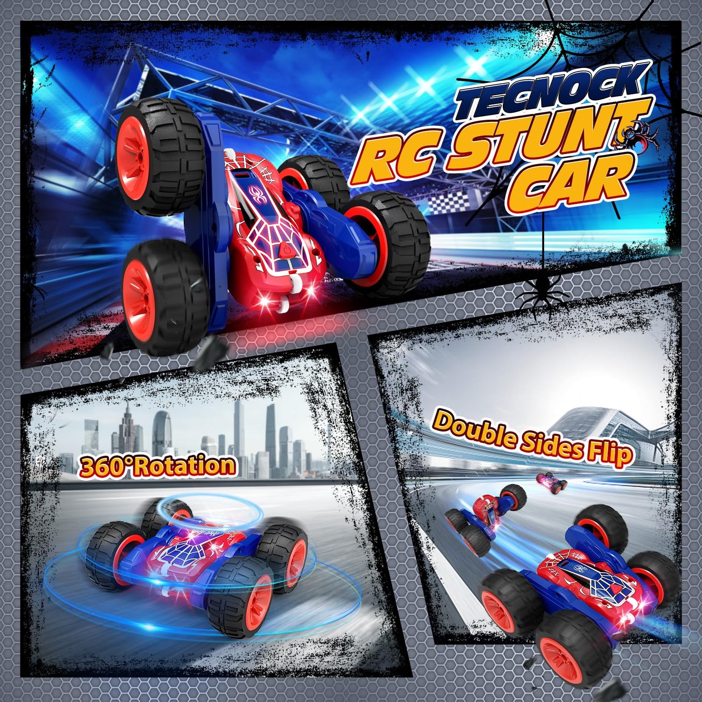 Tecnock Spider Remote Control Cars for Kids, 2.4GHz RC Car with Type-C Easy Charging, 4WD Double Sided 360° Rotates and Flips RC Stunt Car, Toys Gift for Boys and Girls