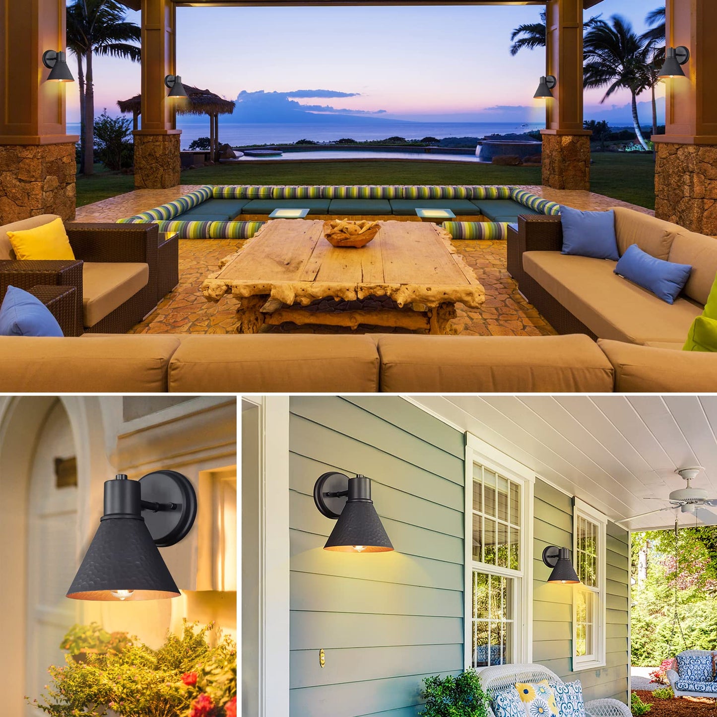 2 Pack Outdoor Wall Sconces - Wall Lights Fixture Exterior Farmhouse Porch Light with Hammered Metal Shade, Anti-Rust Waterproof Black Outside Barn Light for Front Porch Patio Garage Gazebo House