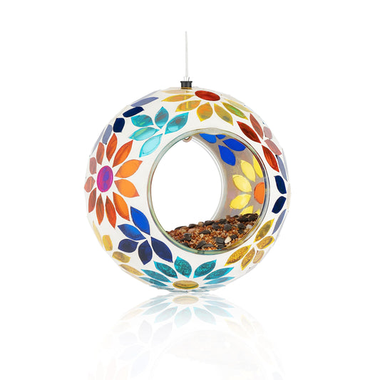 Backyard Expressions Hanging Glass Bird Feeder - Multicolor - Fly Through Bird Feeders for Outside, Mosaic Bird Feeder, Round Shape Wild Birdfeeder