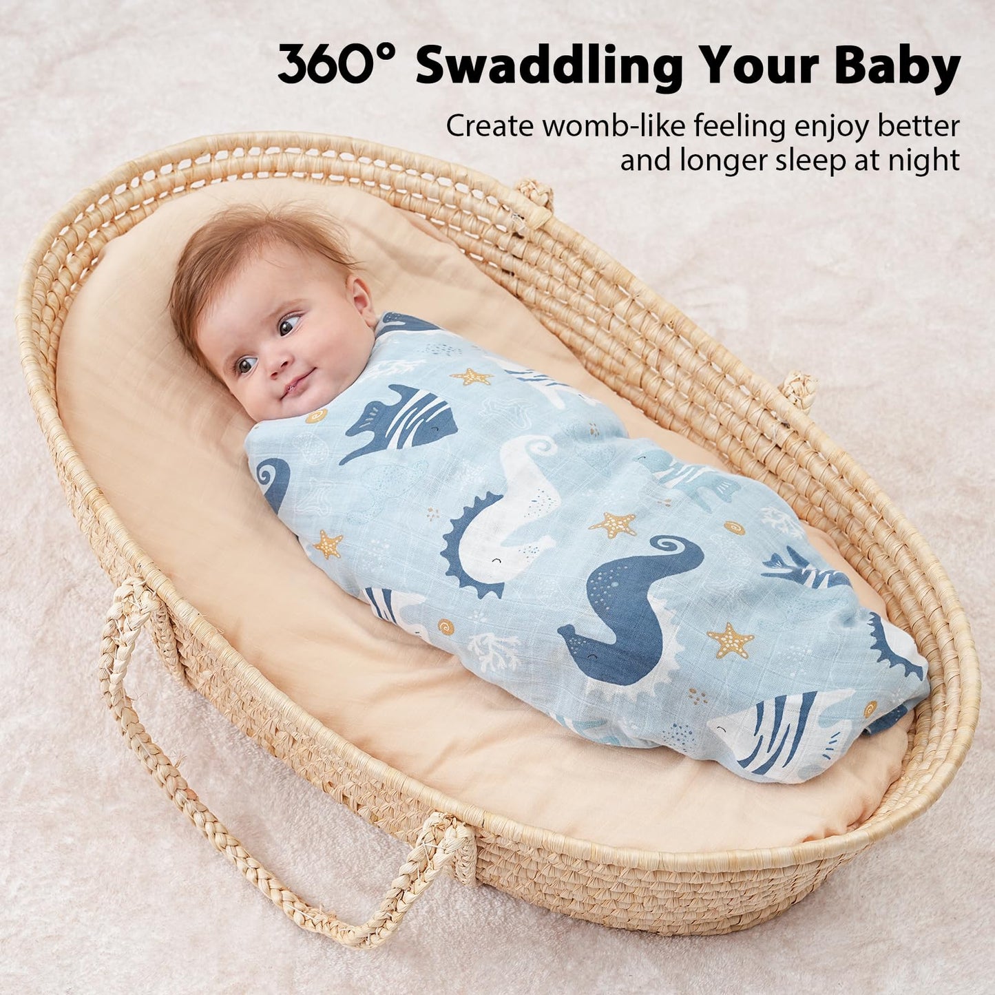 Yoofoss Muslin Swaddle Blankets, 4 Pack Receiving Blankets for Boys and Girls, 47 x 47 Inches Muslin Baby Blankets Soft Breathable - Ocean