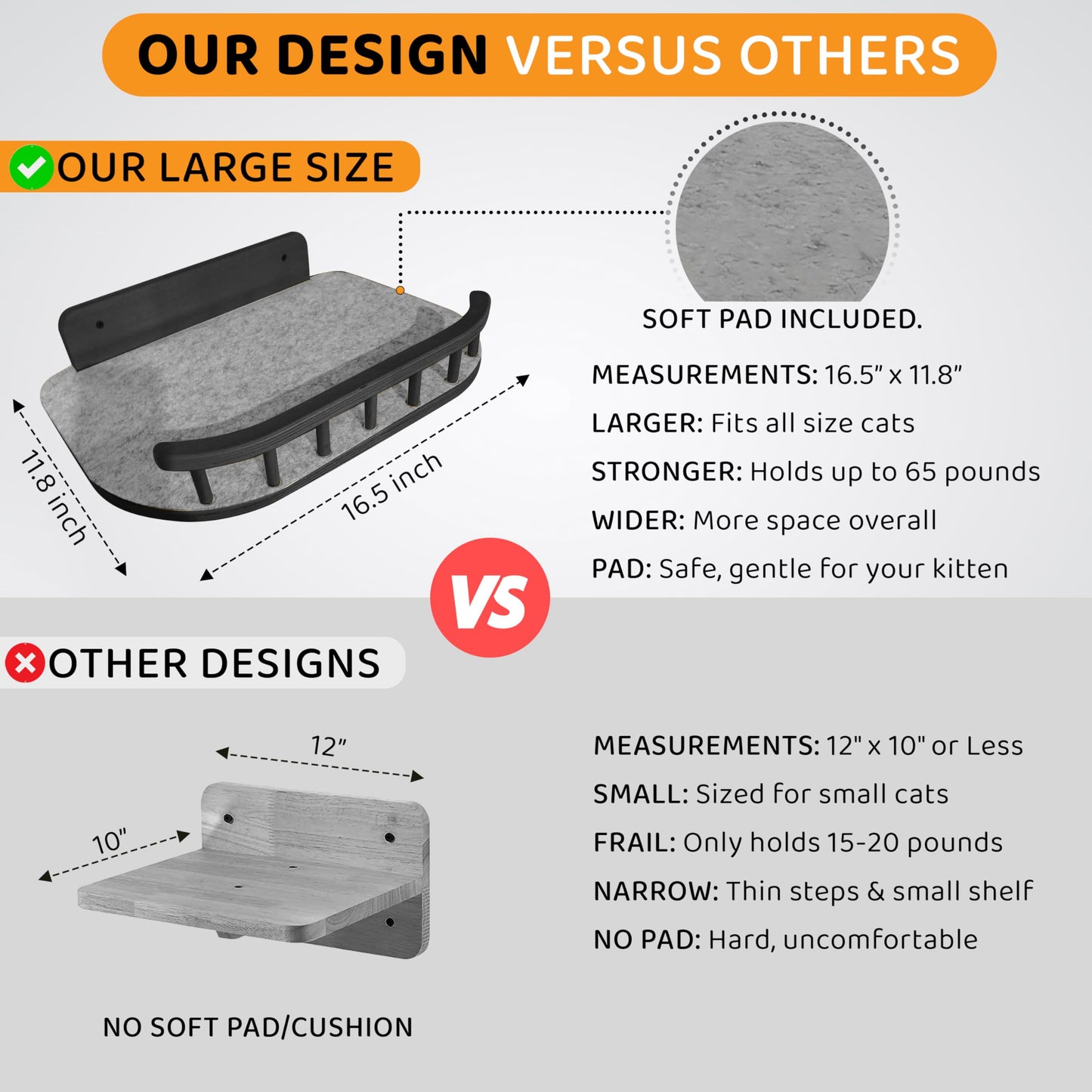 BUOGA Cat Wall Shelves with 3 Steps – Modern Mounted Cat Wall Furniture & Shelf, Premium Hardwood cat Bed for Climbing, Sleeping & Lounging, Indoor Hammock for Large Cats - Black