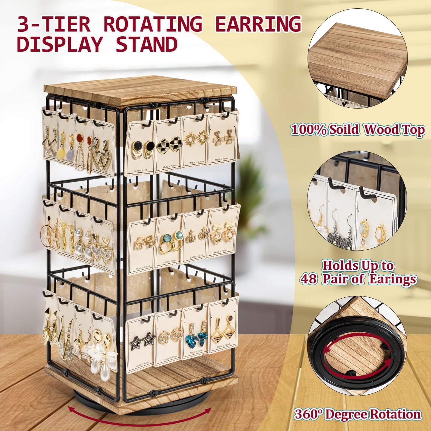 Yoimori 360 Rotating Earring Display Stands for Selling, Earring Rack Display Holder Organizer Stand, Jewelry Display for Vendors Selling Earring Cards, Necklaces, Bracelets, Hair Accessories