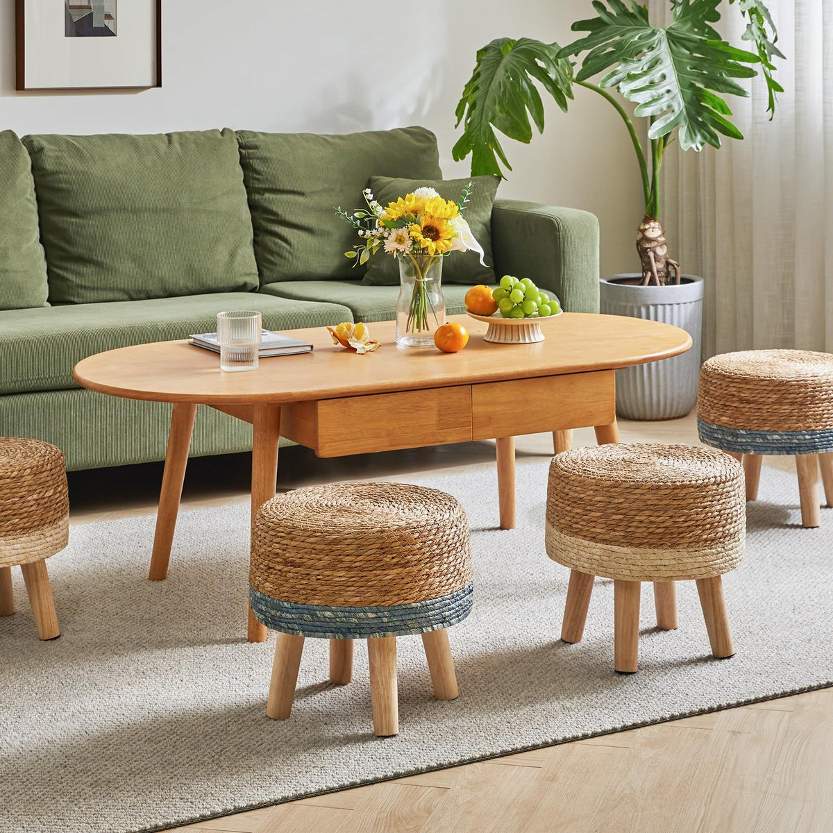 YMYNY Foot Stool Natural Seagrass Hand Weave, 12.6" Small Ottoman, Round Footrest for Living Room, Bedroom, Entryway, Change Shoes Stool, Non-Skid Wood Legs, Boho, Natural+White, UHBD027W