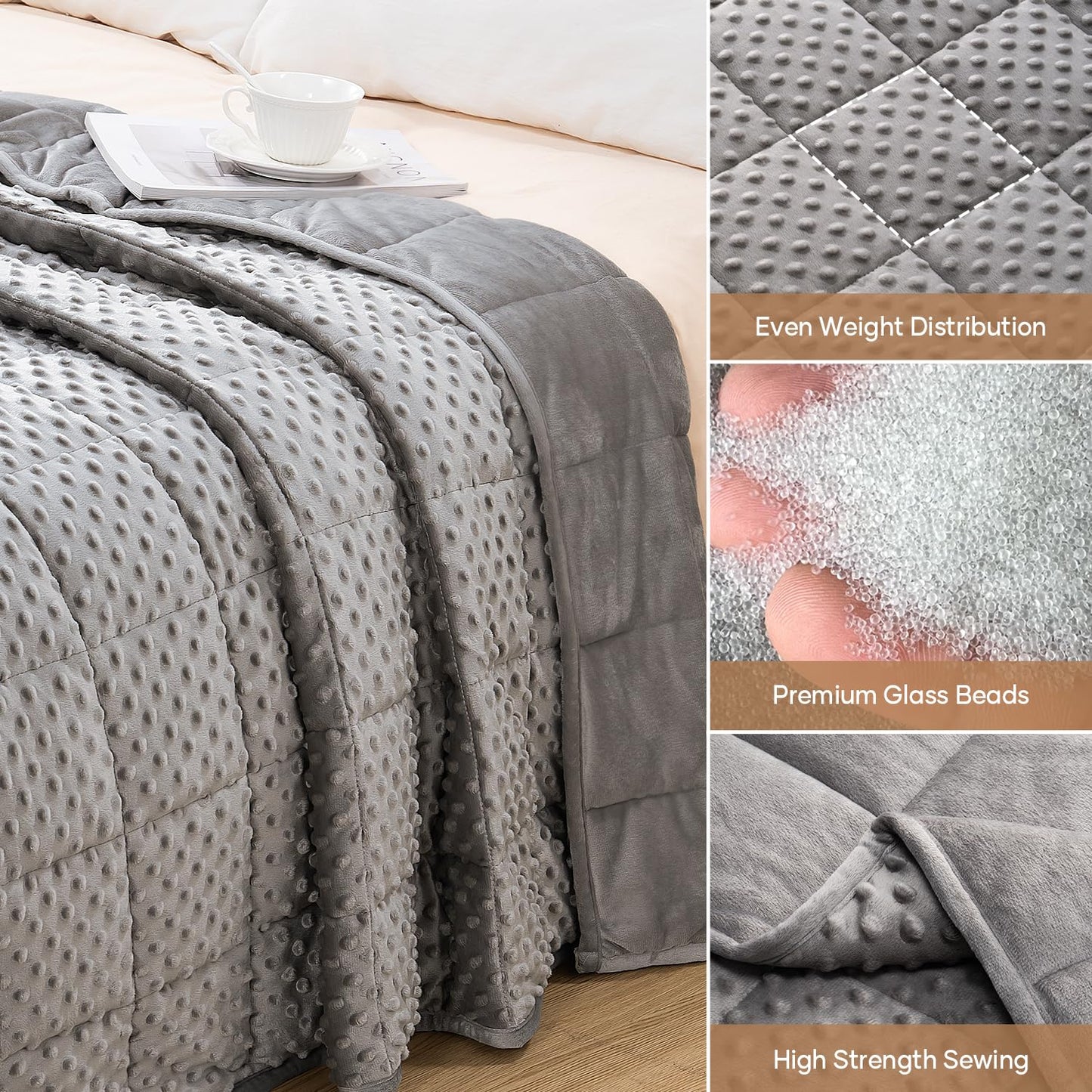 Wemore Weighted Blanket for Adults Queen Size 15 lbs, Soft Cozy Heavy Blanket for Stress Relief and Sleep Promotion, Breathable Blanket for All-Season with Glass Beads, Grey 60 x 80 inches