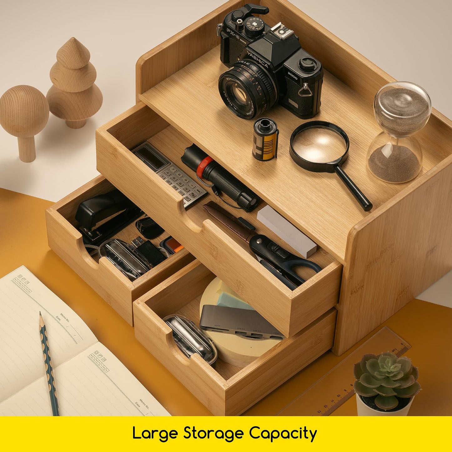 MEEDEN Desk Organizer with Drawers: Bamboo Desktop Storage Container with Shelf - Tabletop Storage Organization Box for Office Home Toiletries Supplies