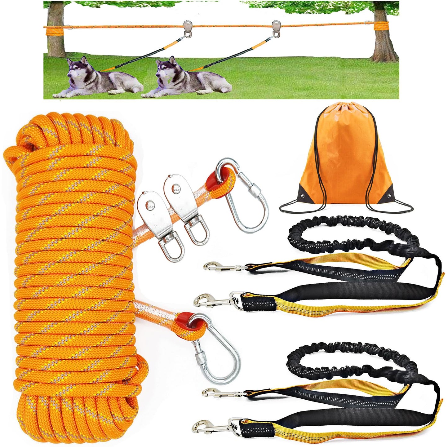 ZENGSUSU Dog Tie Out Cable 100/75/50/33 ft for Large Dogs Up to 300LB, Long Dog Lead Kit with Trolley System Runner Cable for Camping (Orange with Bungee Leash, 100ft for Two Dogs-Reflective)