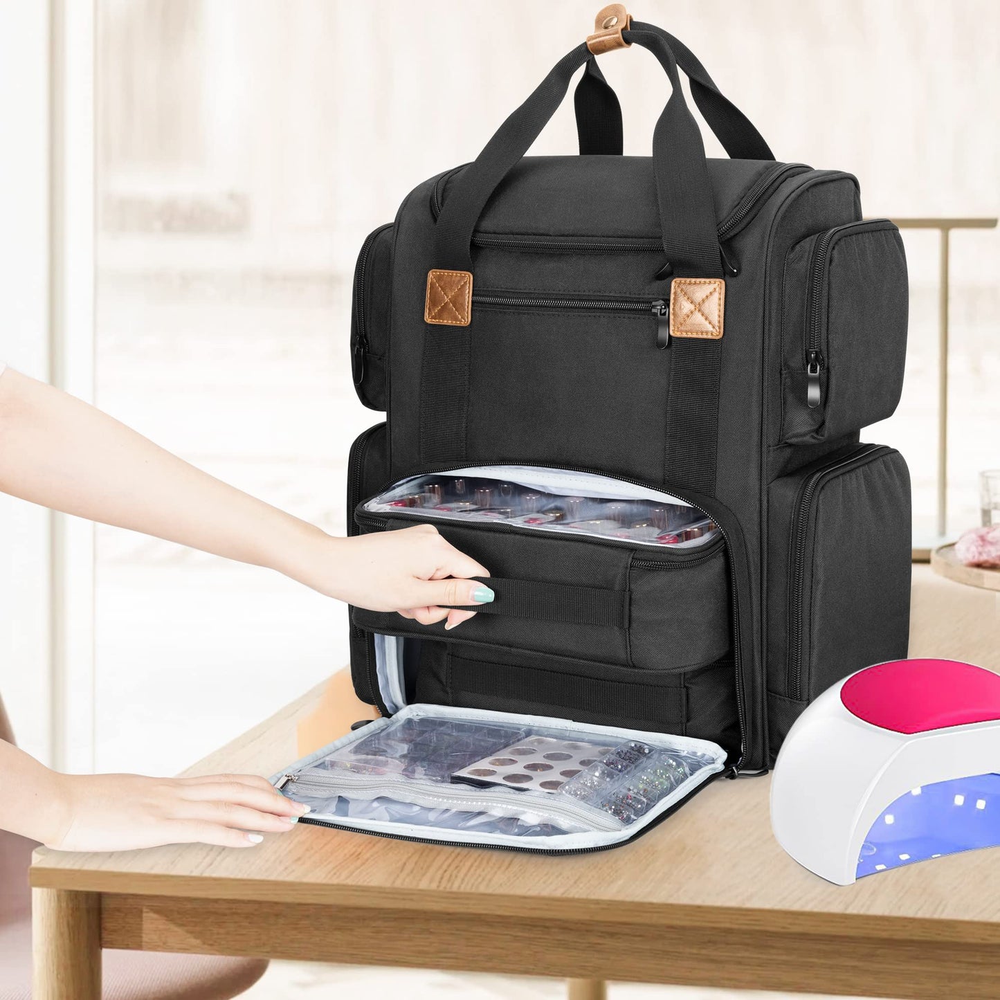 BAFASO Nail Polish Organizer Backpack Holds 70 Bottles and a Nail Lamp, Nail Polish Organizer Case with 2 Removable Pouches and a Laptop Sleeve (Patented Design), Black