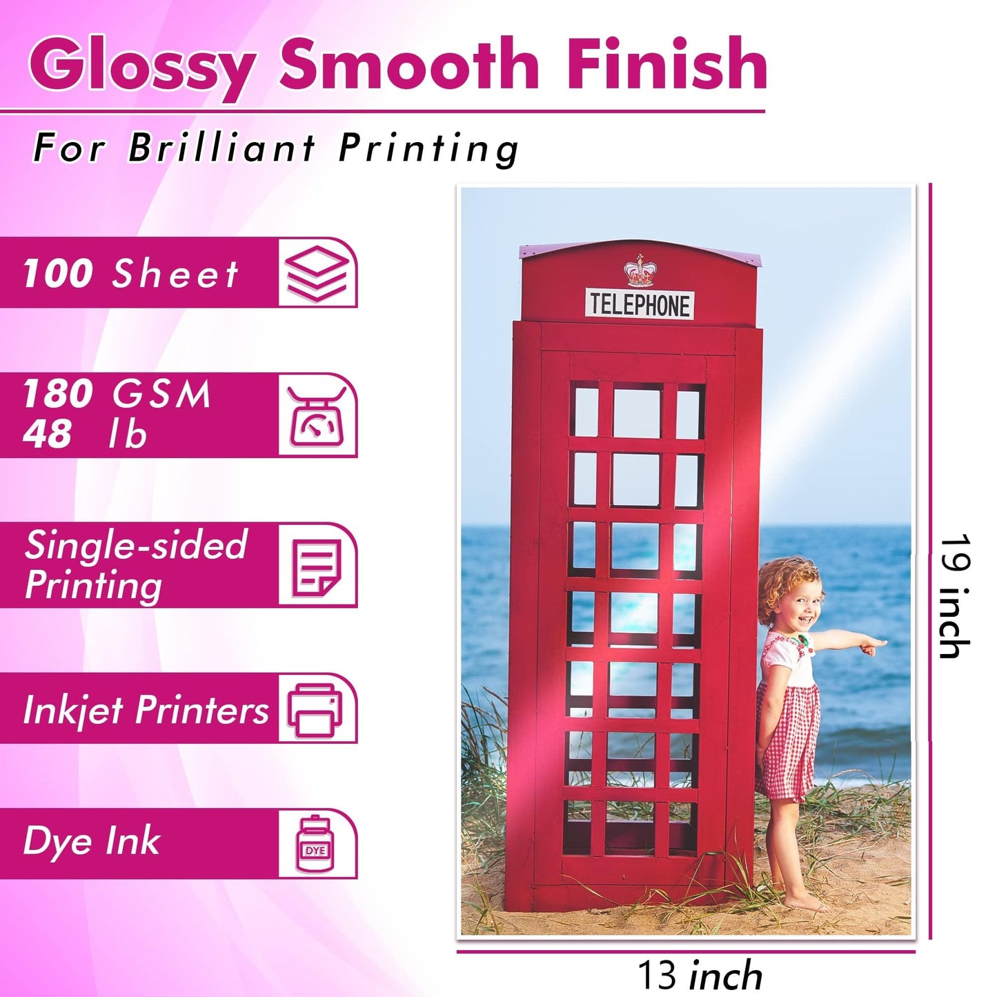 Koala Glossy Inkjet Photo Paper 13X19 Inches 48lb 100 Sheets Professional Glossy Photographic Paper Compatible with Inkjet Printer Use DYE Ink 180GSM