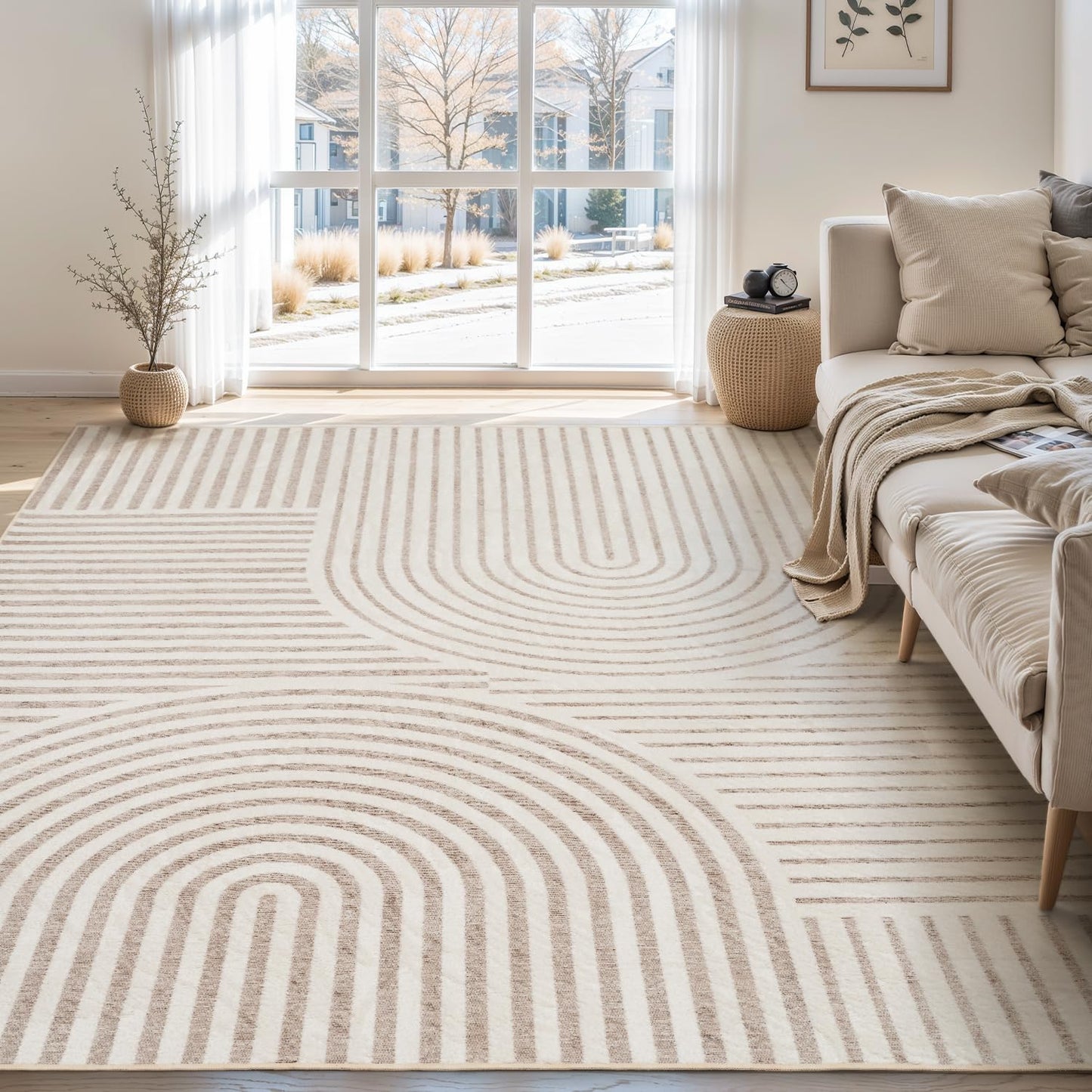 Boho Area Rug 5x7 Machine Washable Rugs for Living Room Non Slip Soft Carpet Geometric Jacquard Textured Carpet for Bedroom Dining Room Nursery Office Living Room Rug -Beige