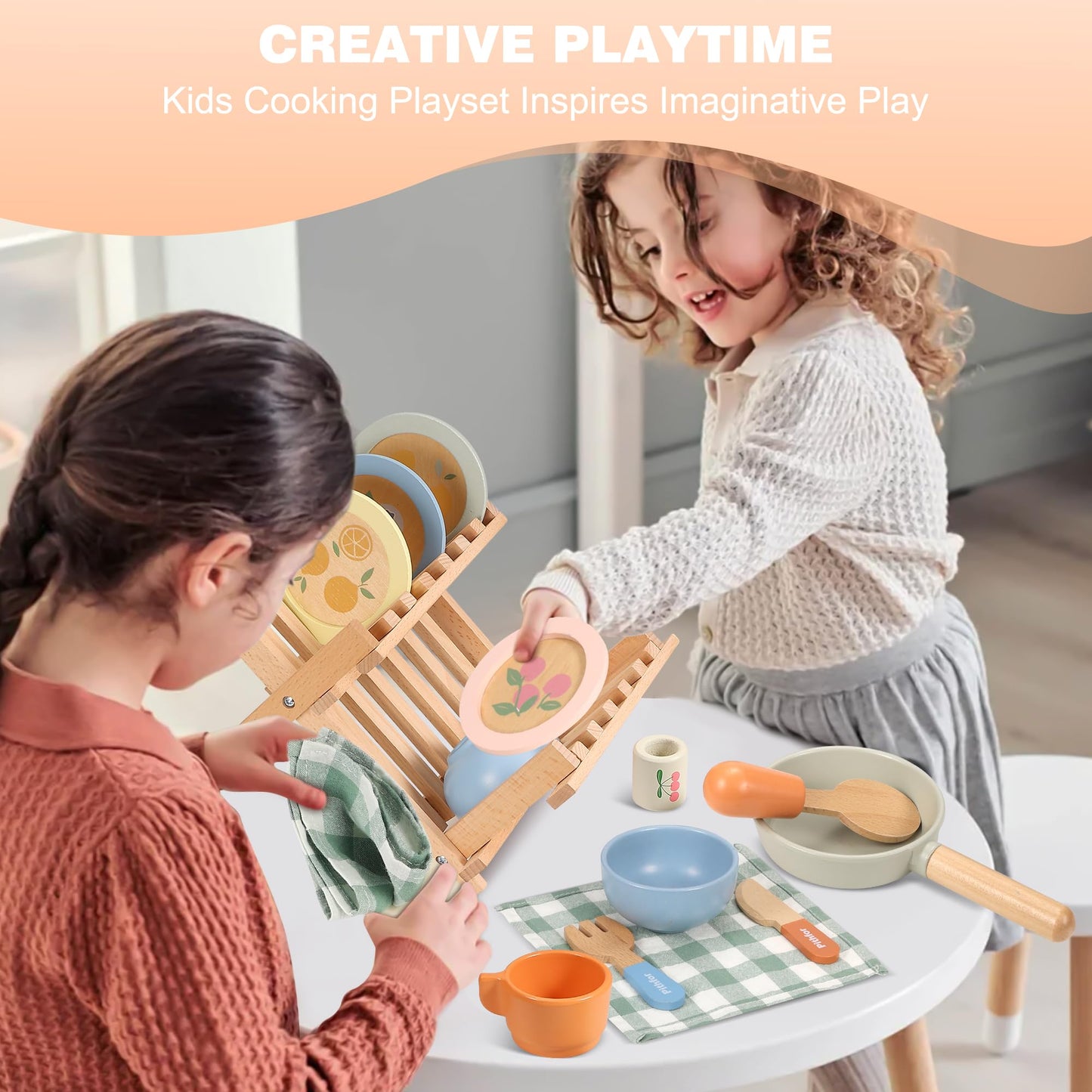 Pithfor Wooden Play Cookware Set, Pretend Play Kitchen Accessories Toys Set for Kids Toddlers, Including Play Dishes, Pan, Tableware, Utensils