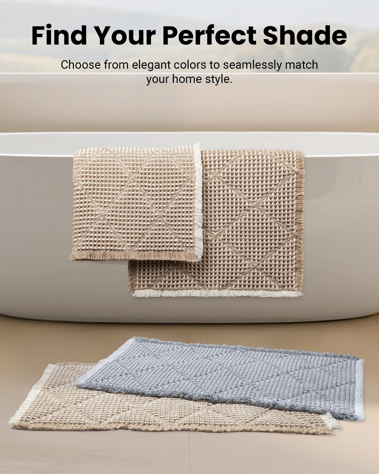 Furicher Waffle Bath Mat Non Slip, Boho Bathroom Mat Set 2 Piece, Ultra Absorbent Bathroom Rug, Brown Bath Mats for Bathroom Decor, Long Washable Bath Mat, Bathroom Runner 20"×47" + 18"×30"