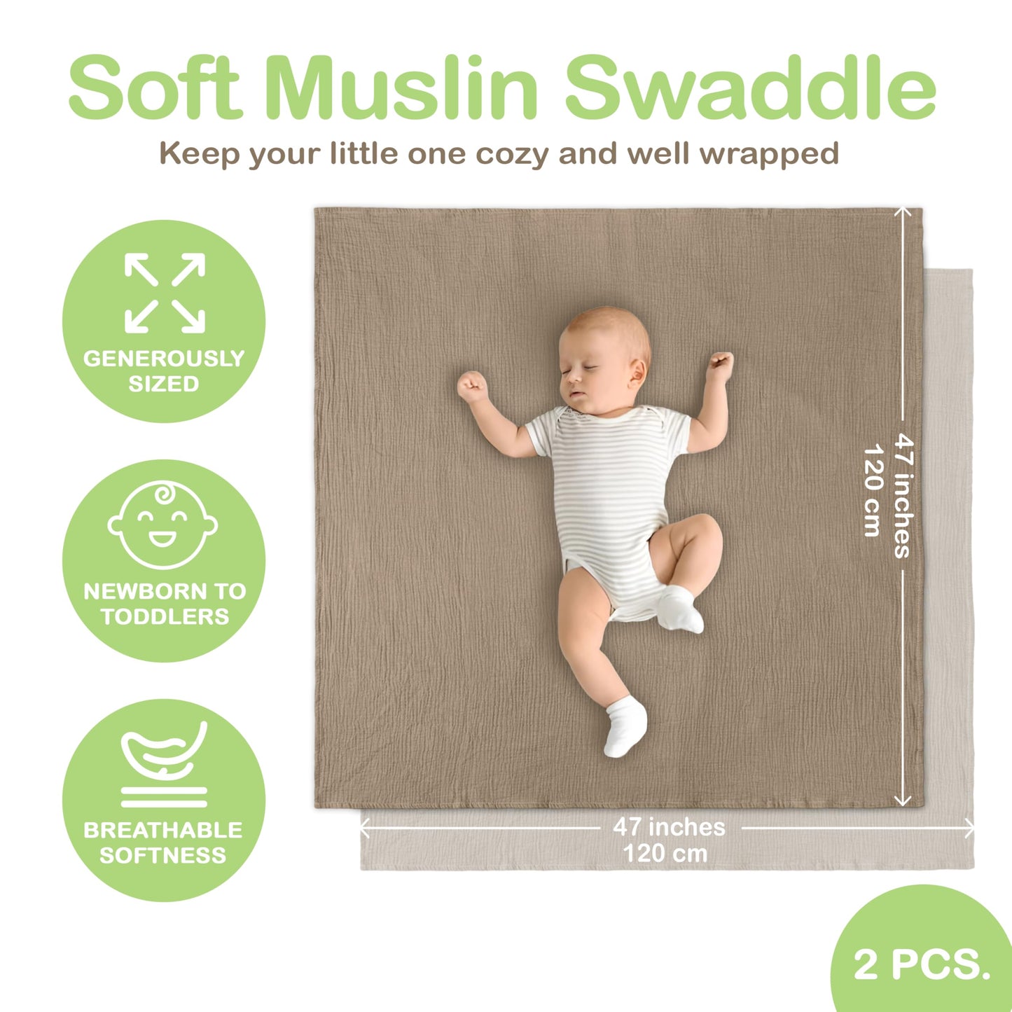 Infancie 100% Organic Cotton Baby Muslin Blanket 120 X 120 CM Baby Blankets Pack of 2 Soft Breathable Lightweight Gentle On Baby Skin Large Receiving Blanket for Newborns and Infants Daily Use