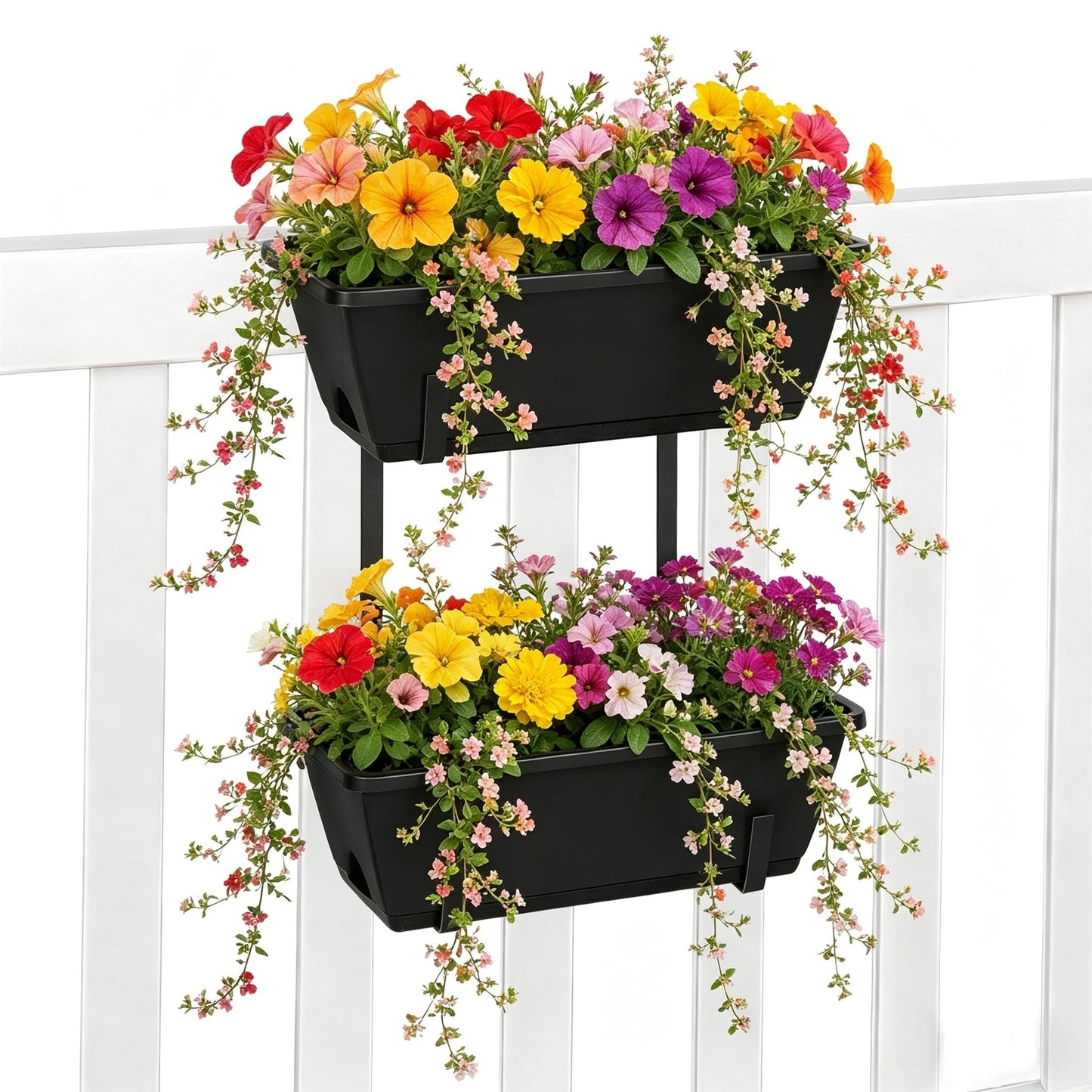 Railing Planter Boxes 2 Pack Window Boxes Planters with 2-Tier Adjustable Brackets, 16.9’’ Black Deck Railing Planter Boxes Vertical Balcony Hanging Flower Pots for Fence Rail Porch Garden Decor