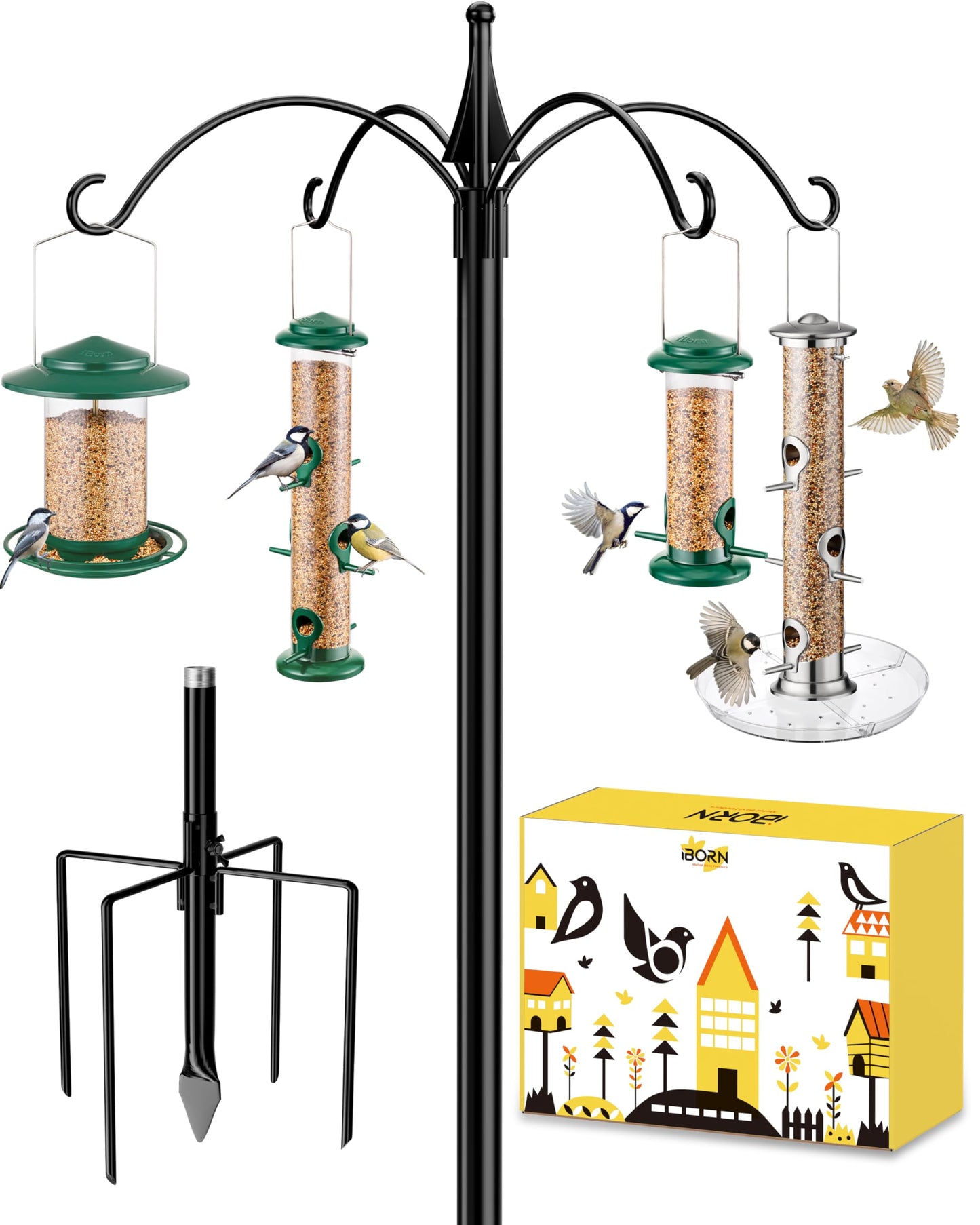 iBorn 1“ Thickness Shepherds Hooks for Outdoor Bird Feeder Pole 78" Height Wild Bird Feeder Stand Shepherds Hook for Hummingbird Feeder, 4 Top Hooks,5 Base Prongs (Feeders NOT Included)