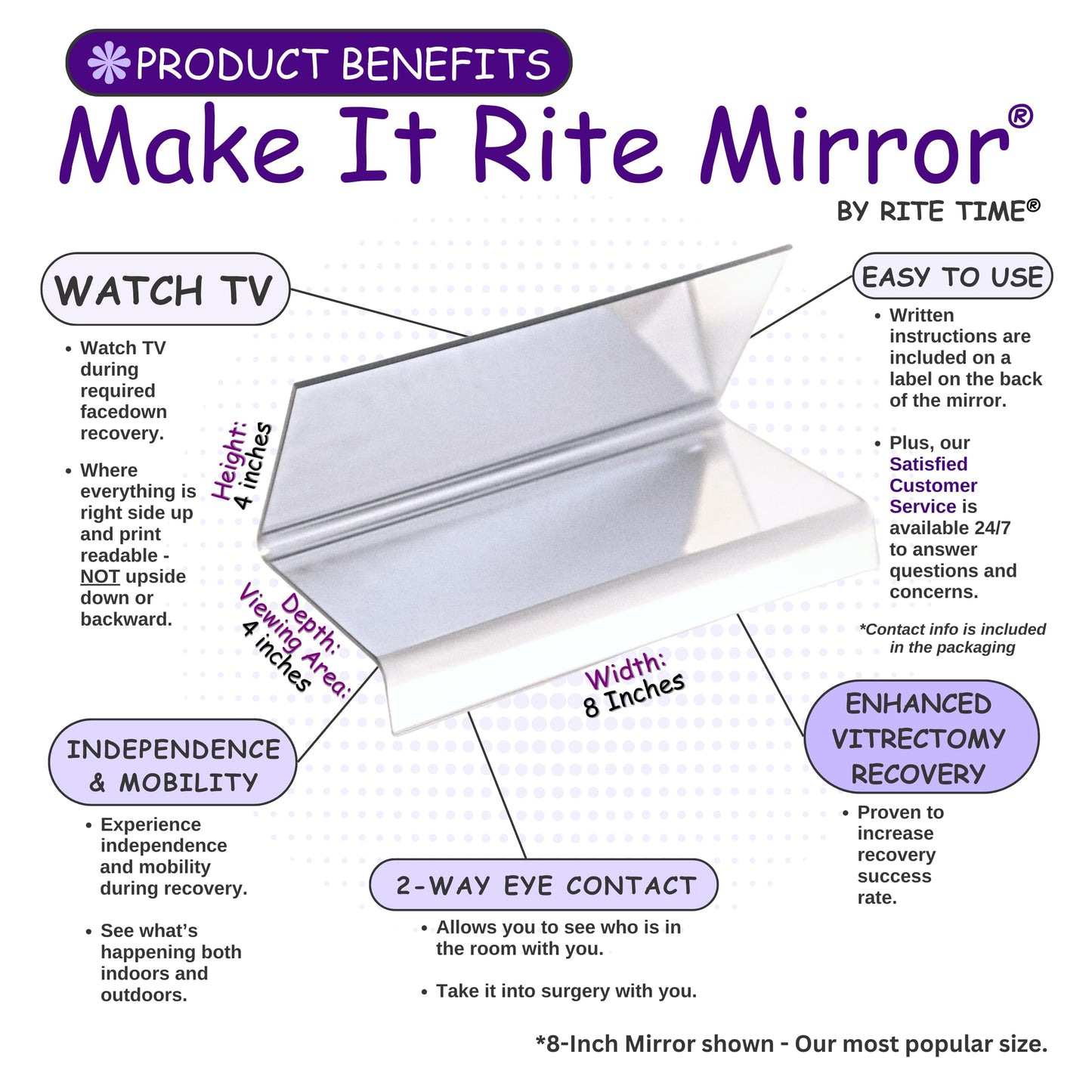 8" Rite Time 2-way Make It Rite Mirror for face down vitrectomy eye sight recovery (8" wide x 4" tall)