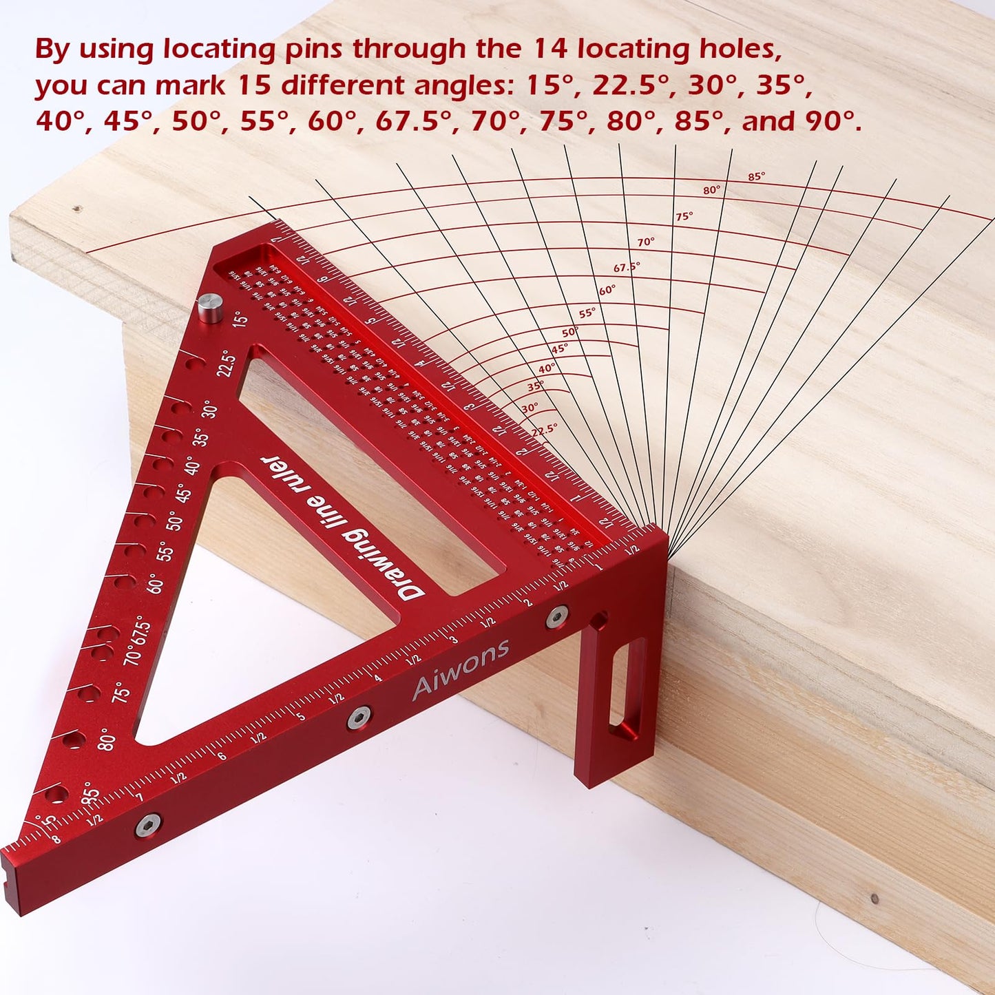 Aiwons 8.5 inch 3D Multi-Angle Measuring Ruler -Large Precision Woodworking 3D Square Protractor 15-90 Degree and Miter Triangle - Aluminum Alloy Drawing Line Ruler for Engineer Carpenter Red