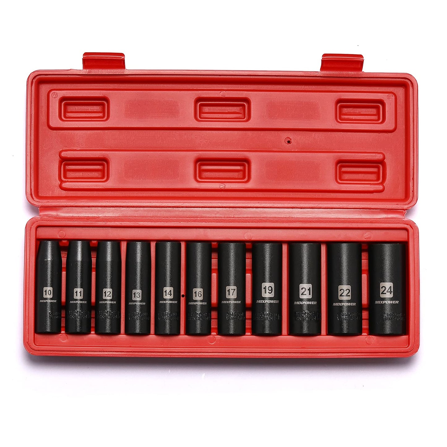 MIXPOWER 11 Pieces 1/2-Inch Drive Deep Impact Socket Set, 10-24mm, CR-V, Metric, 6 Point, Deep, 11 Pieces 1/2" Dr. Deep Metric Socket