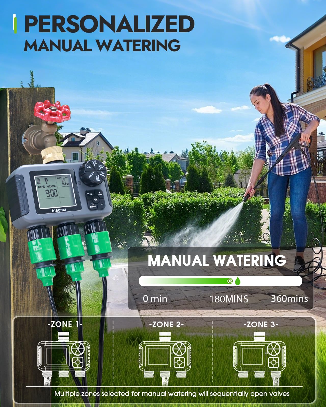 Insoma 3-Zone Water Timer Brass Inlet, Outdoor Sprinkler Timer + Waterproof IPX5, Programmable Automatic/Manual Watering, Rain Delay & Large Display, Suitable for Garden, Lawn, Yard Water Hoses