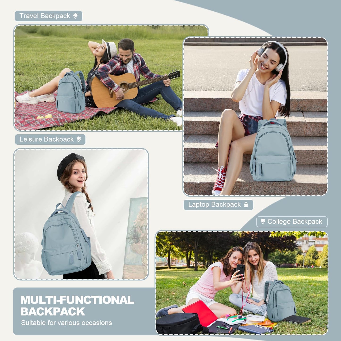 Backpack for School Women College High School Bag for Girls Teen Boys Book Bag Casual Travel Laptop Backpacks for Men Light Blue
