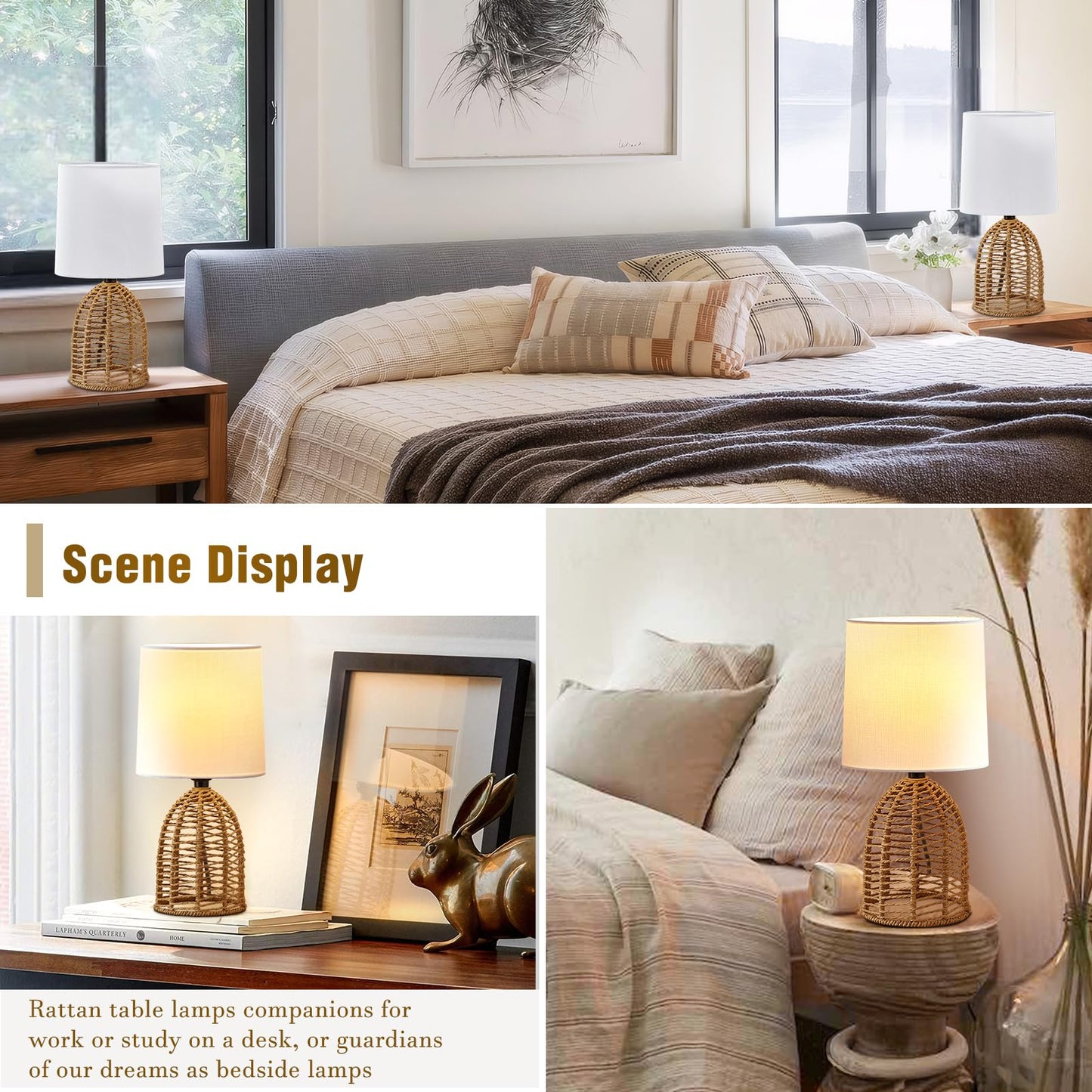 EJIAXIN Rattan Lamp Boho Lamps Set of 2 - Mini Farmhouse Table Lamp Rustic End Table Decorative Small Lamps for Small Spaces Bedroom Nightstand Living Room Reading Desk Side Table Lamp
