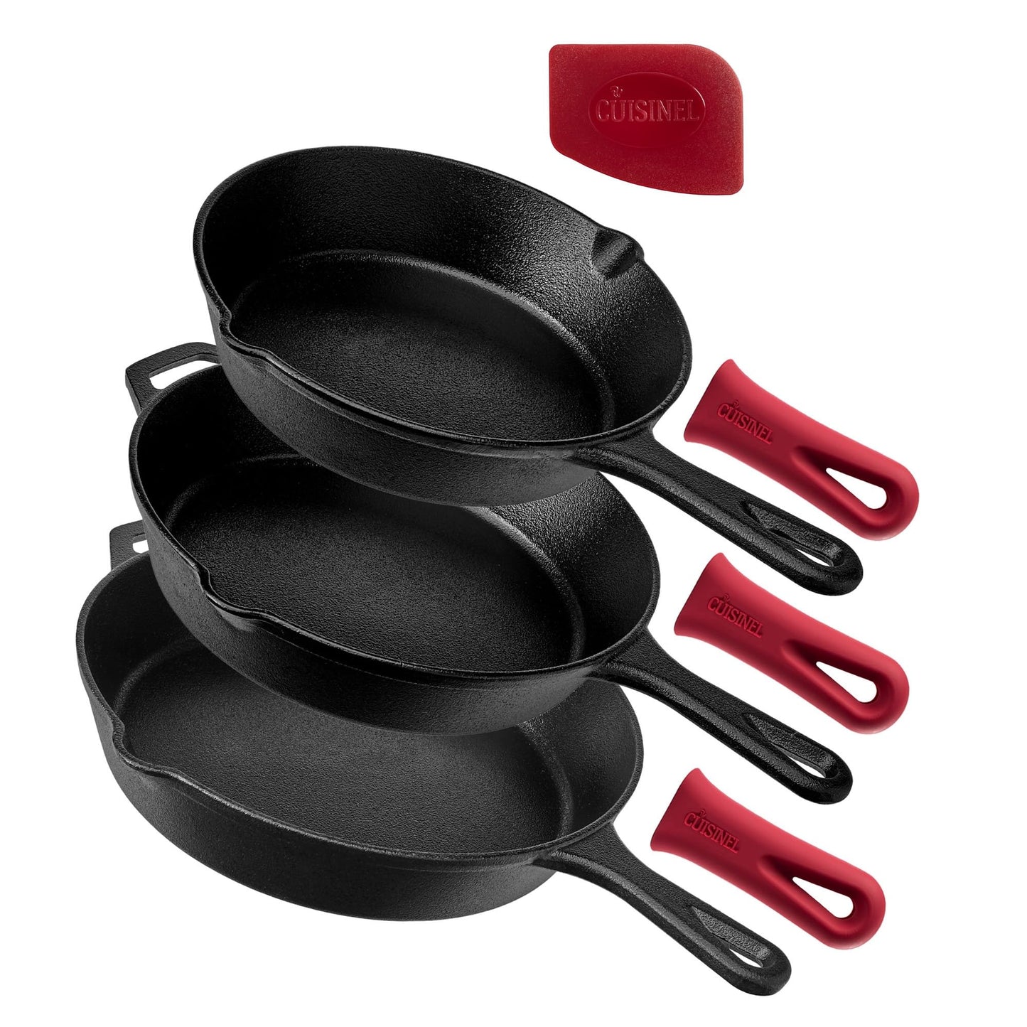 Cast Iron Skillet Set - 8" + 10" + 12"-Inch Pre-Seasoned Frying Pans + Silicone Handle Grip Covers - Indoor/Outdoor, Oven, Grill, Stovetop, BBQ, Fire and Induction Safe Kitchen and Camping Cookware