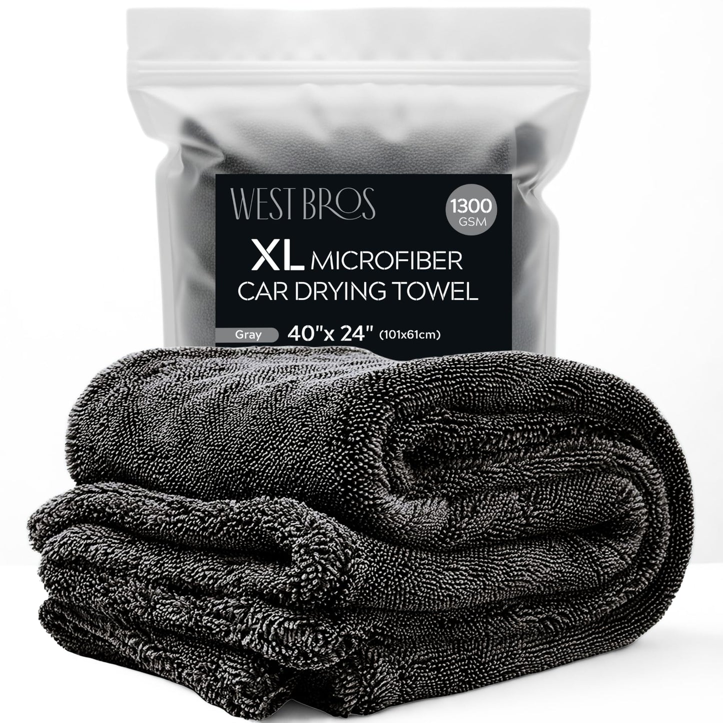 WEST BROS Microfiber Car Drying Towel 1300 GSM Double Twist Pile – Premium Extra Large Auto Wash Towel for Cars Trucks SUV - Super Absorbent Detailing Cleaning Cloth XL 40x24 1-Pack