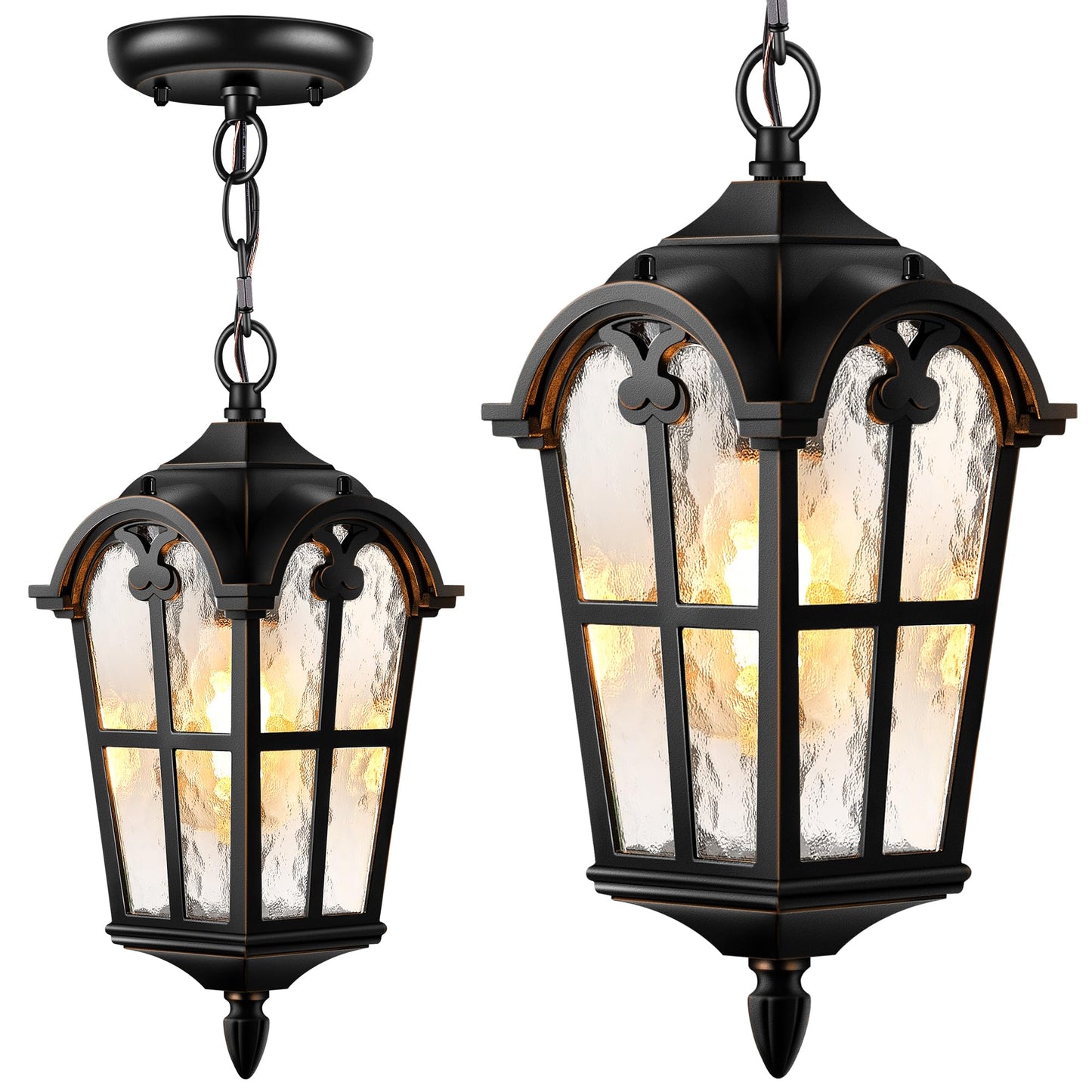 VIANIS Black Outdoor Pendant Light Lantern with Gold Trim, Outdoor Hanging Lights with Ripple Glass, Aluminum Outside Chandelier for Porch Waterproof and Anti-rust, Ceiling Fixtures for House Entryway