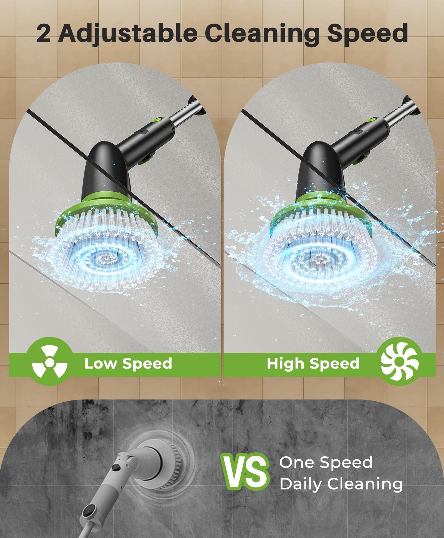 LyriFine Cordless Electric Spin Scrubber, 7 in 1 Shower Cleaner for More Use, Dual Speed & Detachable Long Handle, Electric Scrubber Cleaning, Waterproof Bathroom Scrubber Tub Tile Floor - Green