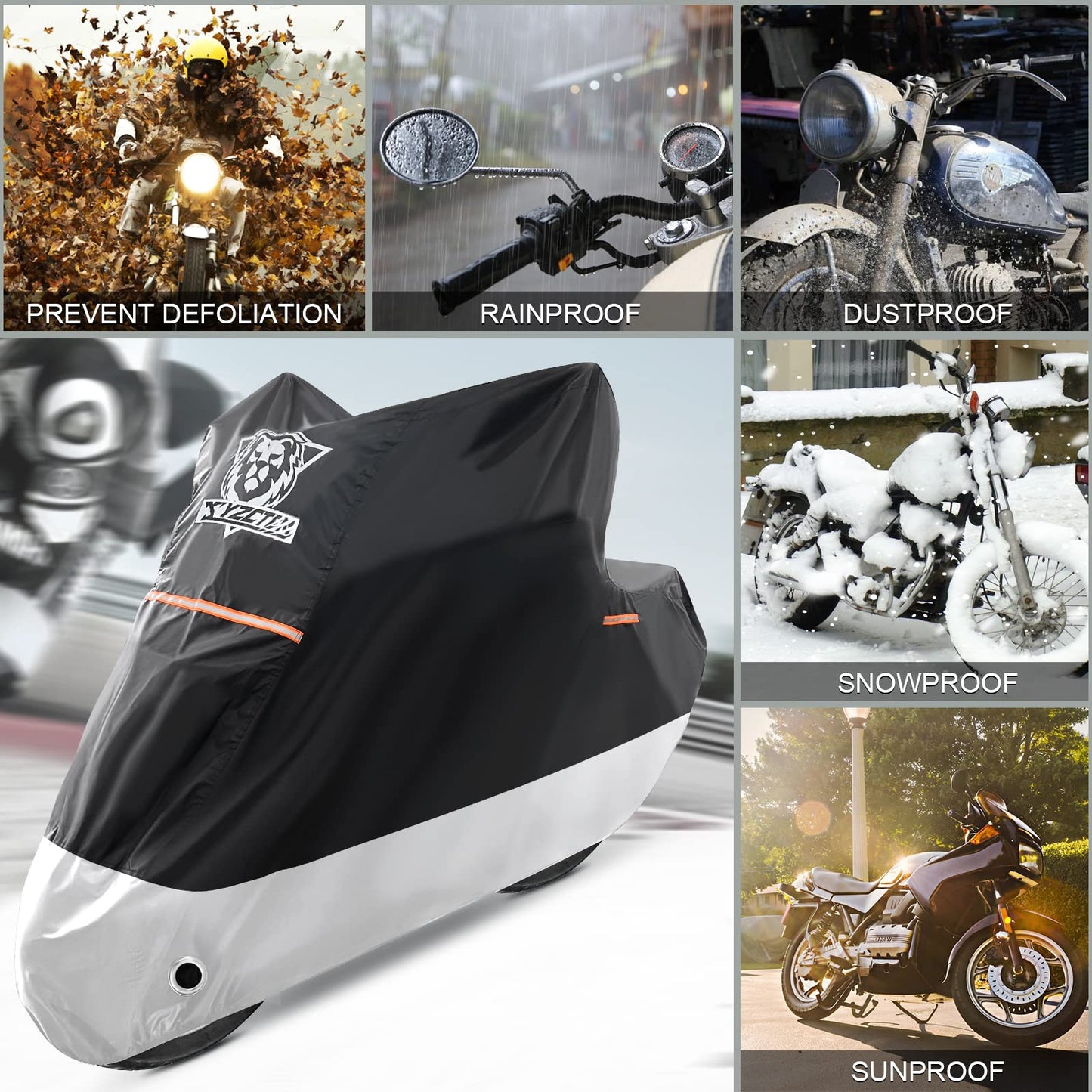 XYZCTEM Motorcycle Cover-All Season Waterproof Outdoor Protection - Precision Fit for 116 inch Tour Bikes, Choppers and Cruisers(XXXL,Black& Sliver)