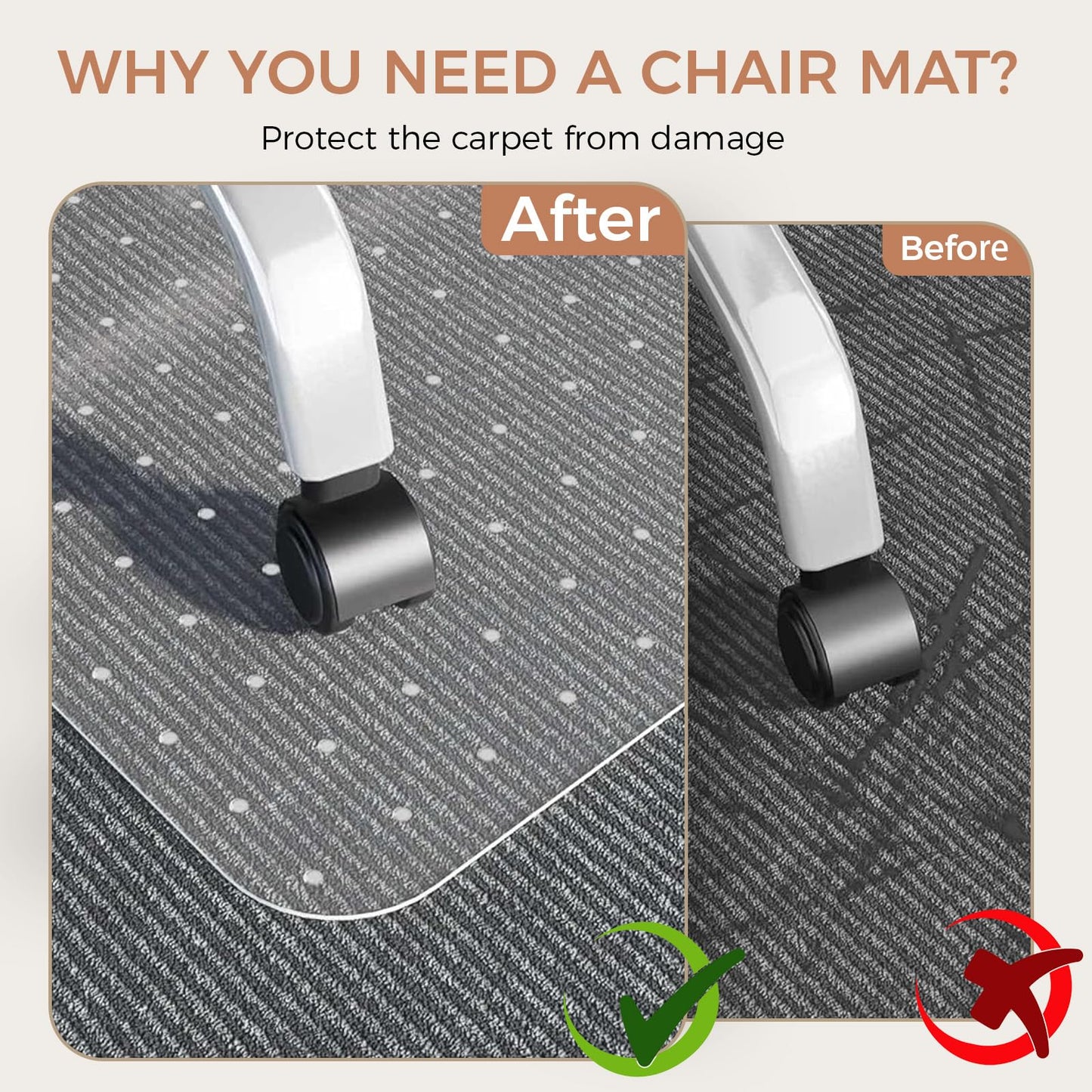 FRUITEAM Office Chair Mat for Carpet Floors, 48''×48'' Square Heavy Duty Carpet Protector, Easy Glide and Sturdy, Rectangle Transparent with Non-Slip Studded fot Home and Office