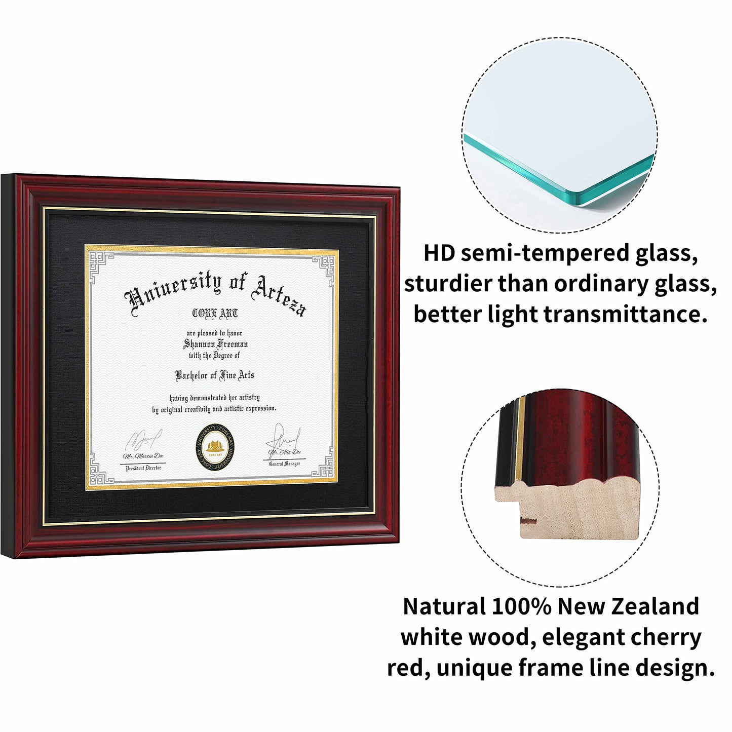 CORE ART 11x14 Diploma Frame Display Certificates 8.5 x 11 with Black Mat or Documents 11 x 14 without Mat, College Degree Wooden Frame with Tempered Glass for Wall and Tabletop Display(Cherry Red)