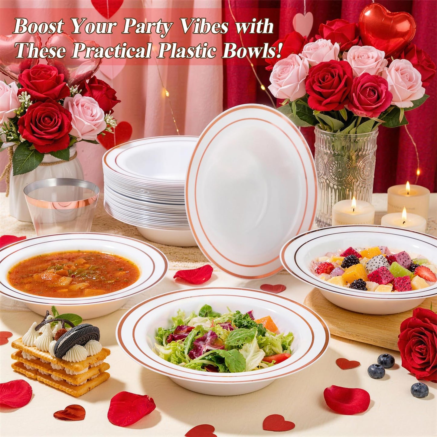 BESTSTAR 50 Pack Disposable Soup Bowls with Rose Gold Rim, 12oz Premium Heavy Duty Plastic Dinner Bowls for Party, Wedding and Holiday