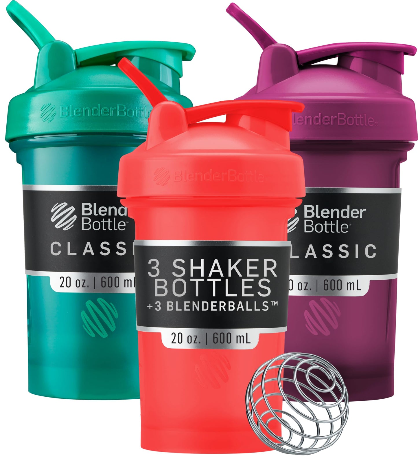 BlenderBottle Classic V2 Shaker Bottle Perfect for Protein Shakes and Pre Workout, 20-Ounce (3-Pack) Red, Green, and Plum