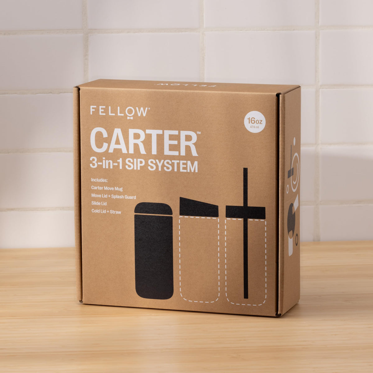 Fellow 16 oz Carter Bundle (3 in 1) Travel Mug with Slide-Lock, Move & Cold Lids with Straw - to-Go Coffee Tumbler, Ceramic Interior & Vacuum-Insulated Stainless Steel - Coffee Cups-Matte Black