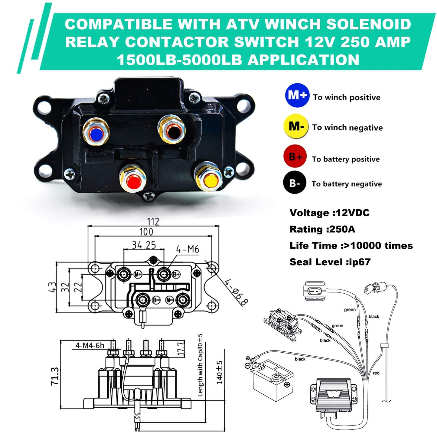 12V 250A ATV Winch Solenoid Relay Contactor for WARN -VANBOGOO Winch ATV Universal Kit for Model A2000 A2500 U2500 5ci 2.5ci 2.5ce 3.0ci 3.0ce 3.0s RT15 RT25 RT30 XT15 XT25 XT30 RT40 XT40