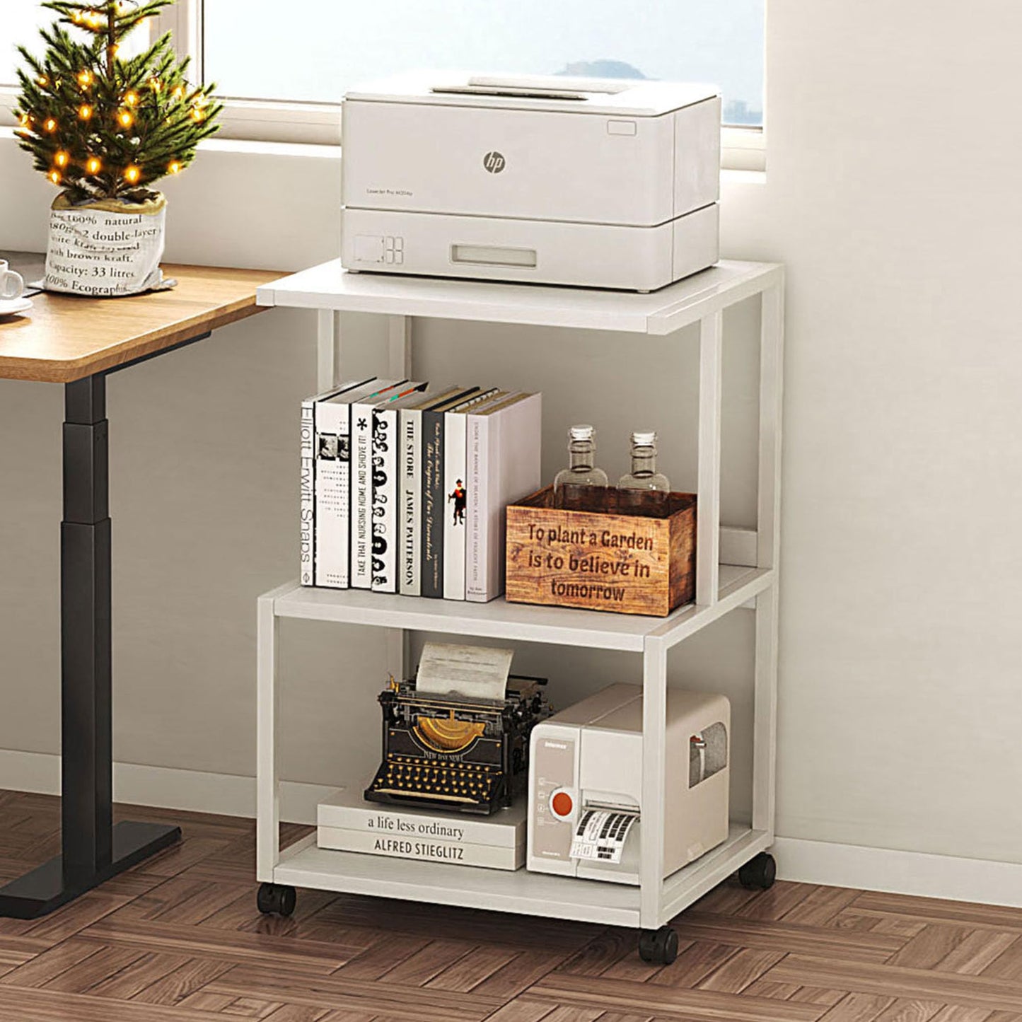Vermess Printer Stand, Large 3 Tier Printer Table with Wheels, Industrial Printer Storage Cart, Rolling Printer Cart with Storage Shelf for Printer Scanner Fax Home Office Use, White