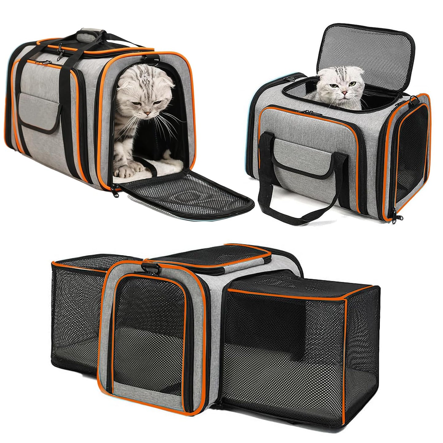 Craftsboys Pet Carrier for Cats & Dogs up to 15lbs – Soft-Sided, Breathable Mesh with Storage Pocket, Escape Proof Travel Carrier Bag for Small Dogs or Cats L17.7＂*W11＂*H11.8＂ (Grey-Orange)
