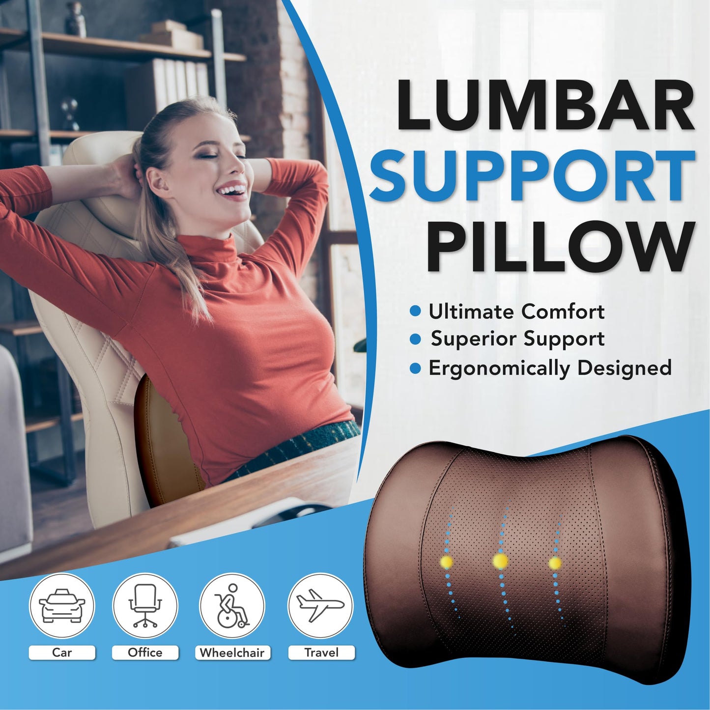 Lumbar Support Pillow: Memory Foam Lumbar Pillow for Lower Back Pain Relief - Car Back Cushion for Driving - Lumbar Support for Car-Office Chair, Wheelchair - Leather Brown