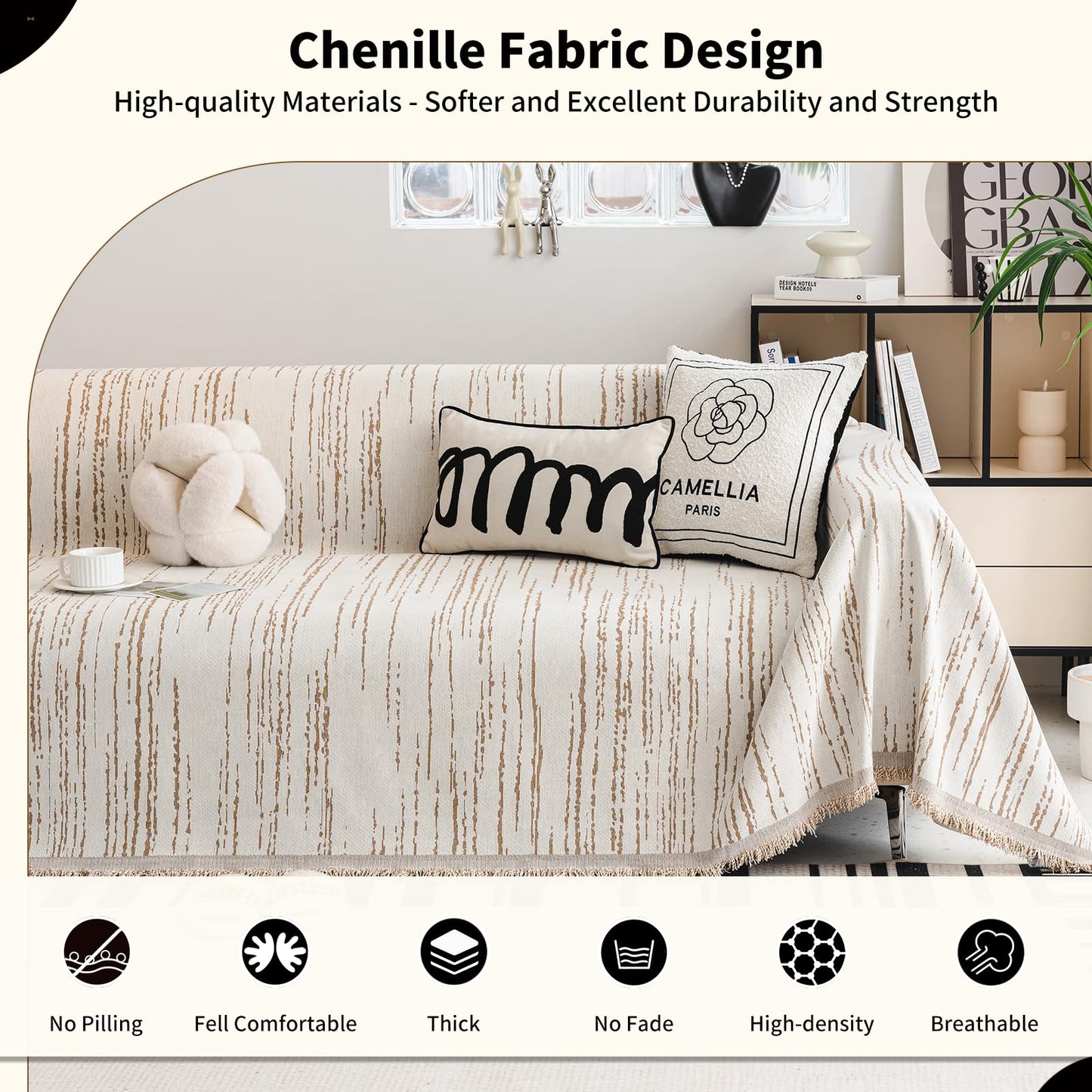 WEYOND Chenille Couch Cover Pet Friendly, Sofa Cover Washable, Reversible Sofa Slipcover for Sectional, Loveseat, 2 or 3 Cushion Couch, Futon Cover (71" X 118", Khaki)