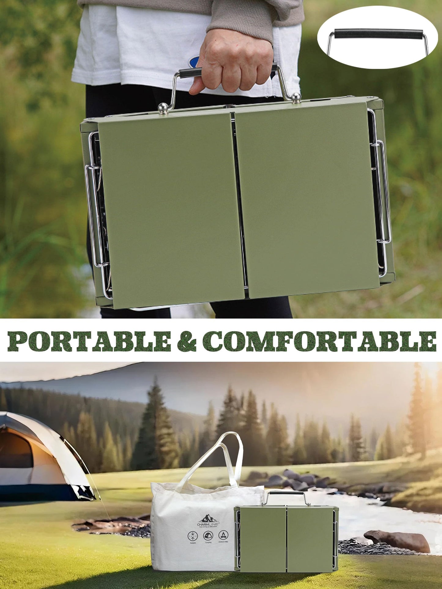Charmline 35 x 23cm Small Foldable Portable Grill Charcoal, Compact Portable Grill, Desktop Charcoal Grill, BBQ Grill for Camping, Picnics, Gardens and Beach Parties, Green
