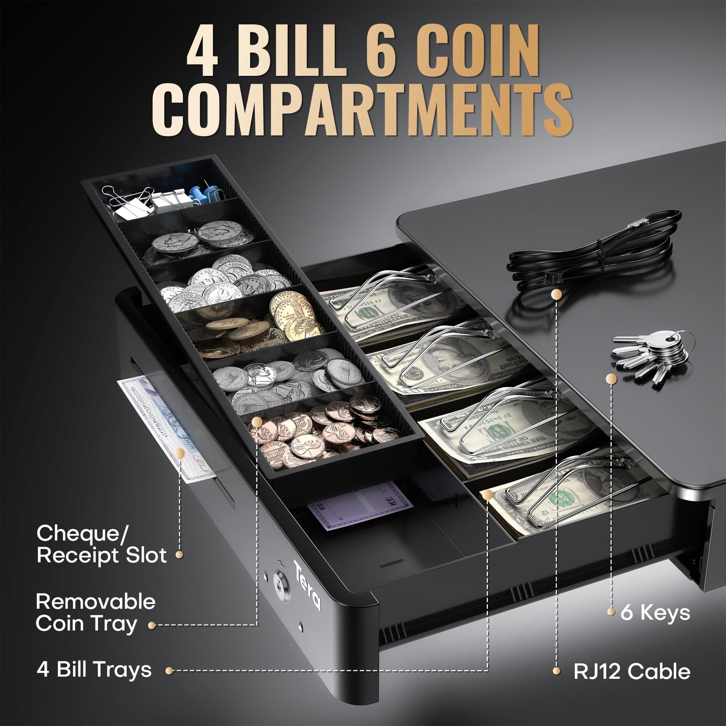 Tera 13" Auto Open Cash Register Drawer Heavy Duty with Fully Removable Insert Tray 5 Keys 4 Bill 6 Coin Media Slot 24V RJ12 Key-Lock (Round Corner) for Point of Sale (POS) System Small Business 330R
