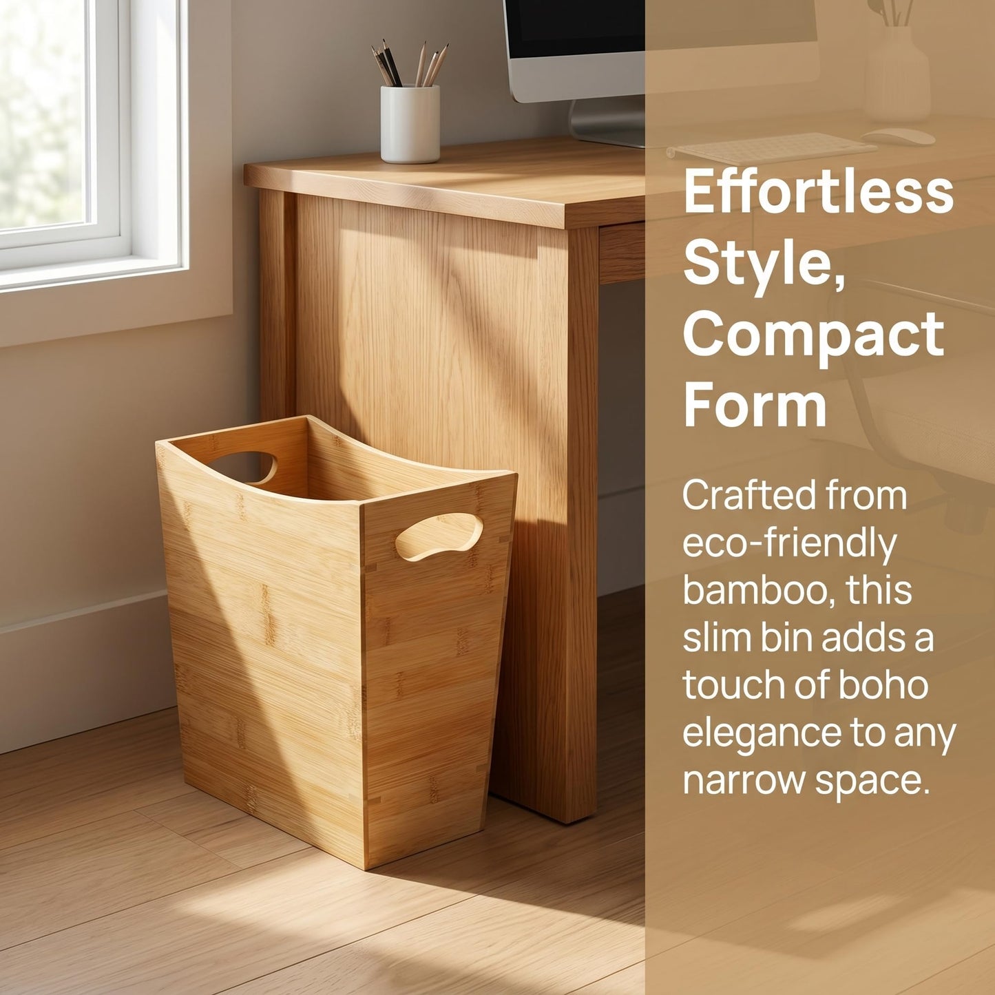 TOPZEA Bamboo Waste Basket, Rectangular Narrow Trash Can with Handle Wastebasket Waste Bin Garbage Can for Bathroom, Bedroom, Office and Home, 10.5" x 5.7" x 10.25"