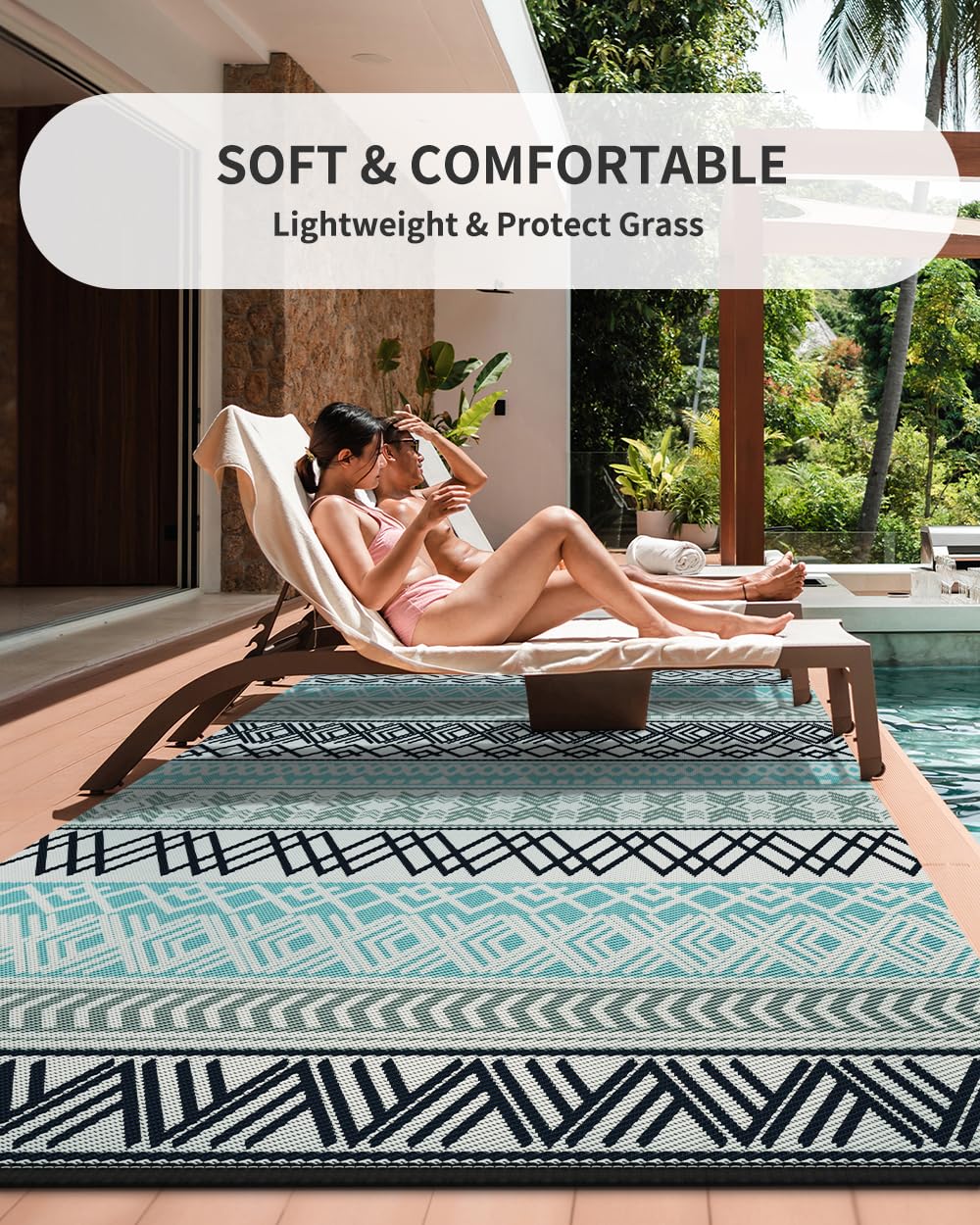 COCOER Boho Reversible Outdoor Picnic Blanket - 6x9 ft Blue Turquoise Floral Waterproof Plastic Straw Rug for RV Camping, Backyard, Deck